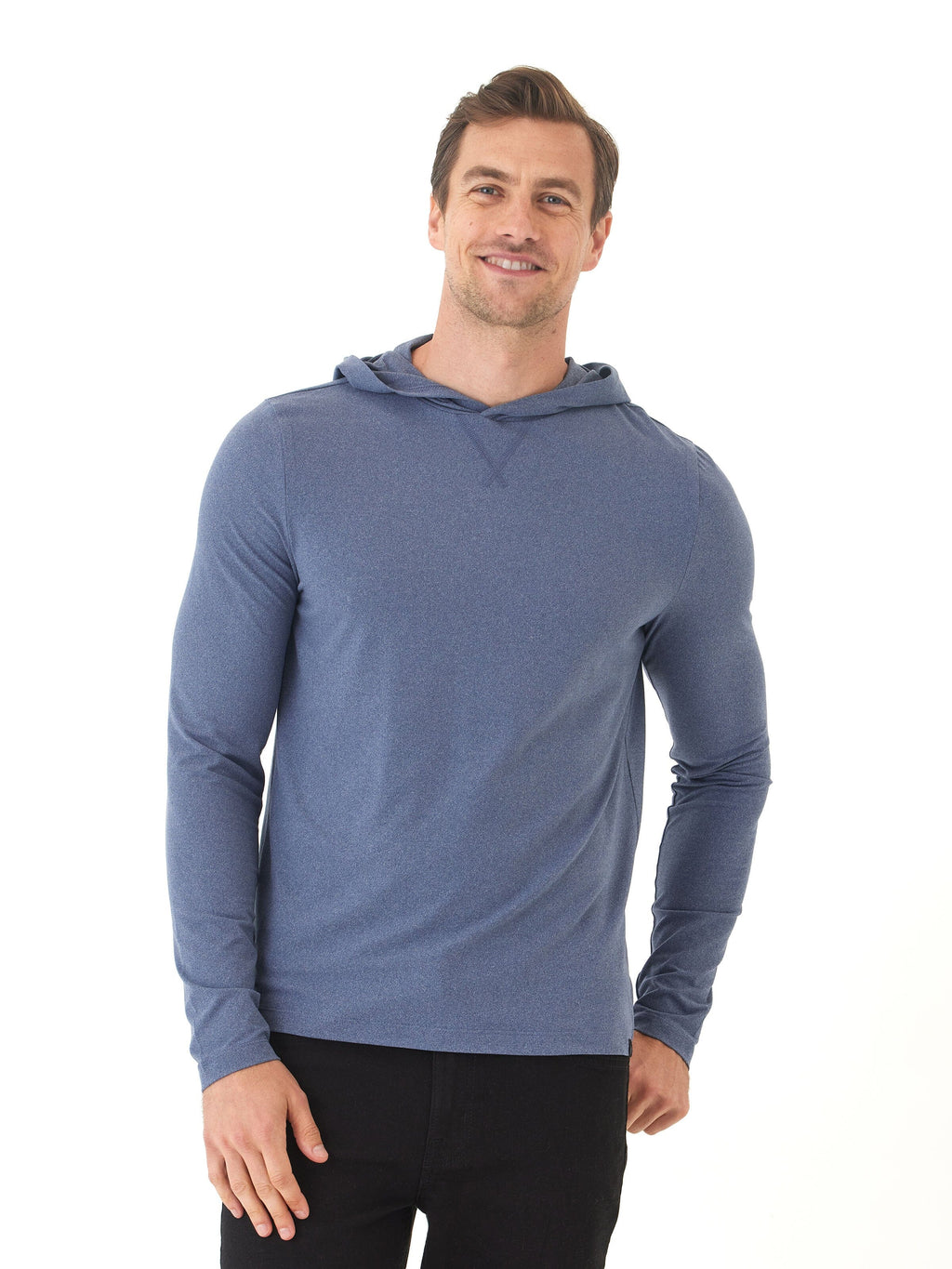 Men's form-fitting pullover hoodie in heathered grey and blue jersey knit