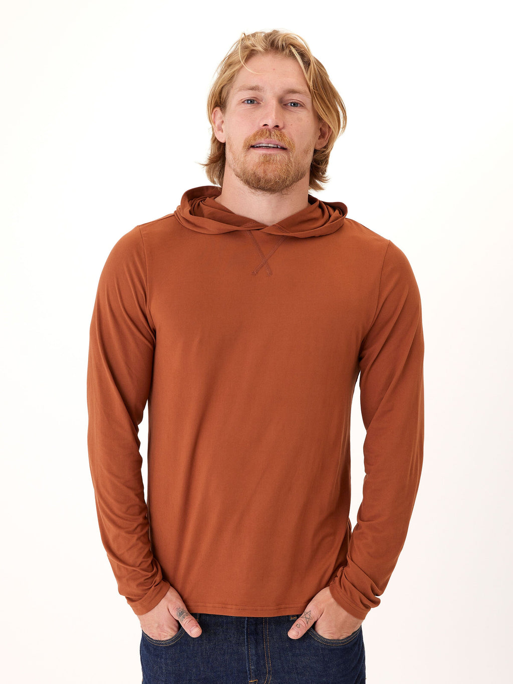 Close up of the Malone Luxe Jersey Pullover T-Shirt Hoodie in a soft, brushed recycled polyester fabric.