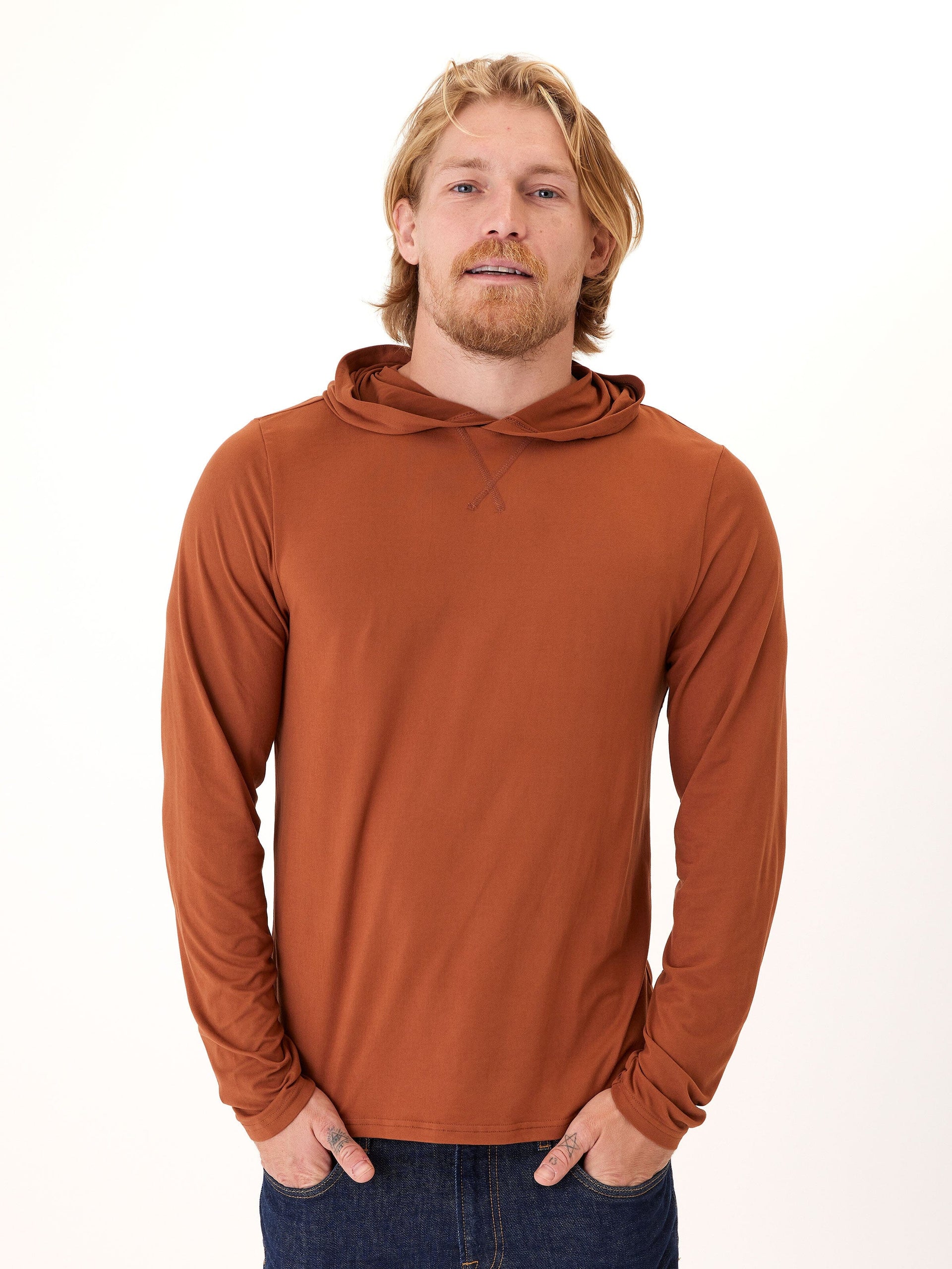 Close up of the Malone Luxe Jersey Pullover T-Shirt Hoodie in a soft, brushed recycled polyester fabric.