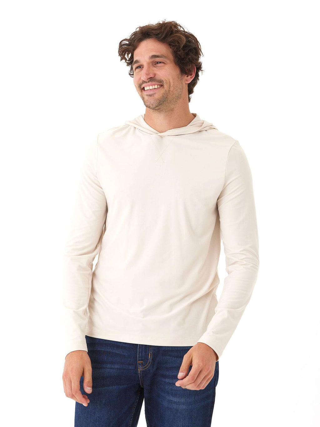 Model wearing a form-fitting Malone Luxe Jersey Pullover T-Shirt Hoodie in recycled polyester