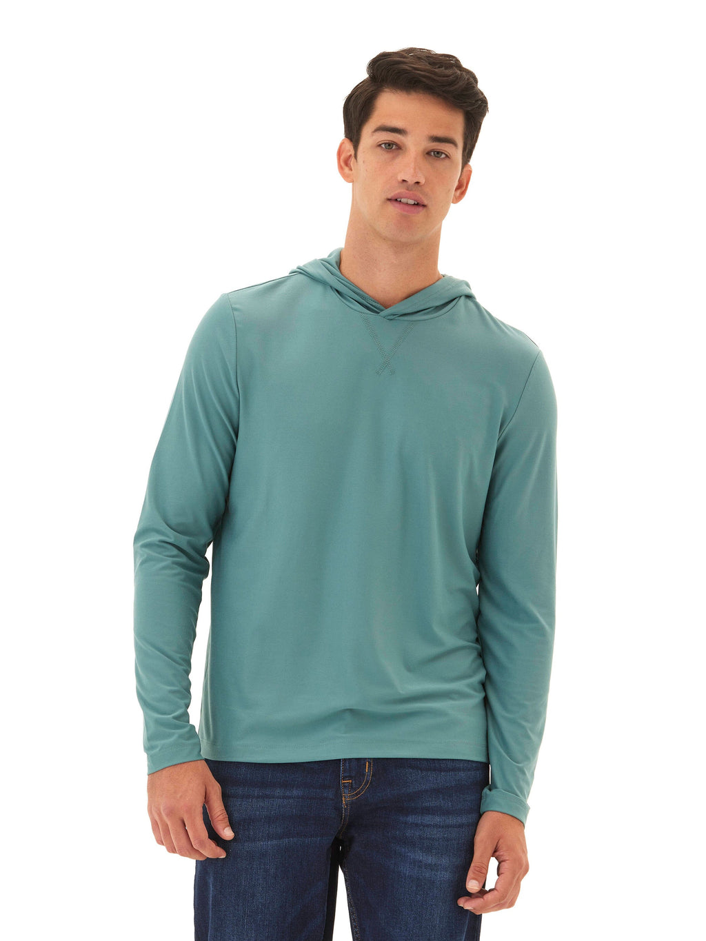 Men's form-fitting teal blue-green Luxe Jersey Pullover Hoodie in a casual athletic style