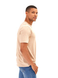 Men wearing a beige minimalist organic cotton crew neck t-shirt