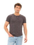 Men's Two Tone Slub Jersey Henley in charcoal and white, featuring button closure and textured organic cotton knit.