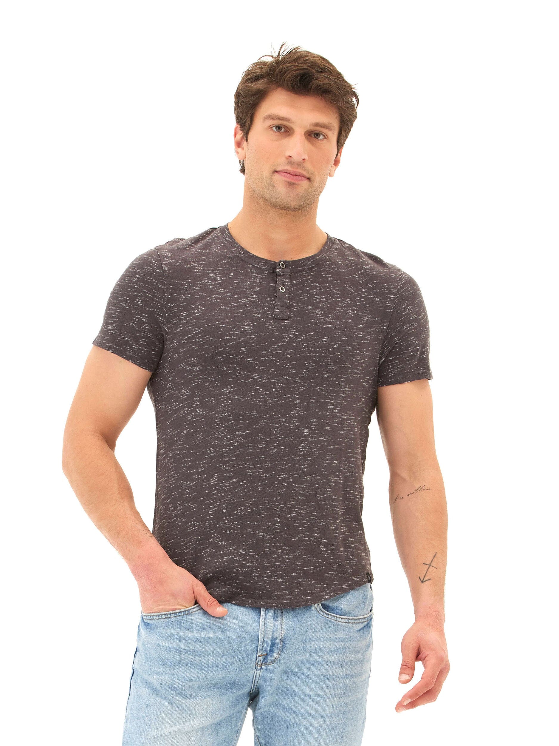 Men's Two Tone Slub Jersey Henley in charcoal and white, featuring button closure and textured organic cotton knit.
