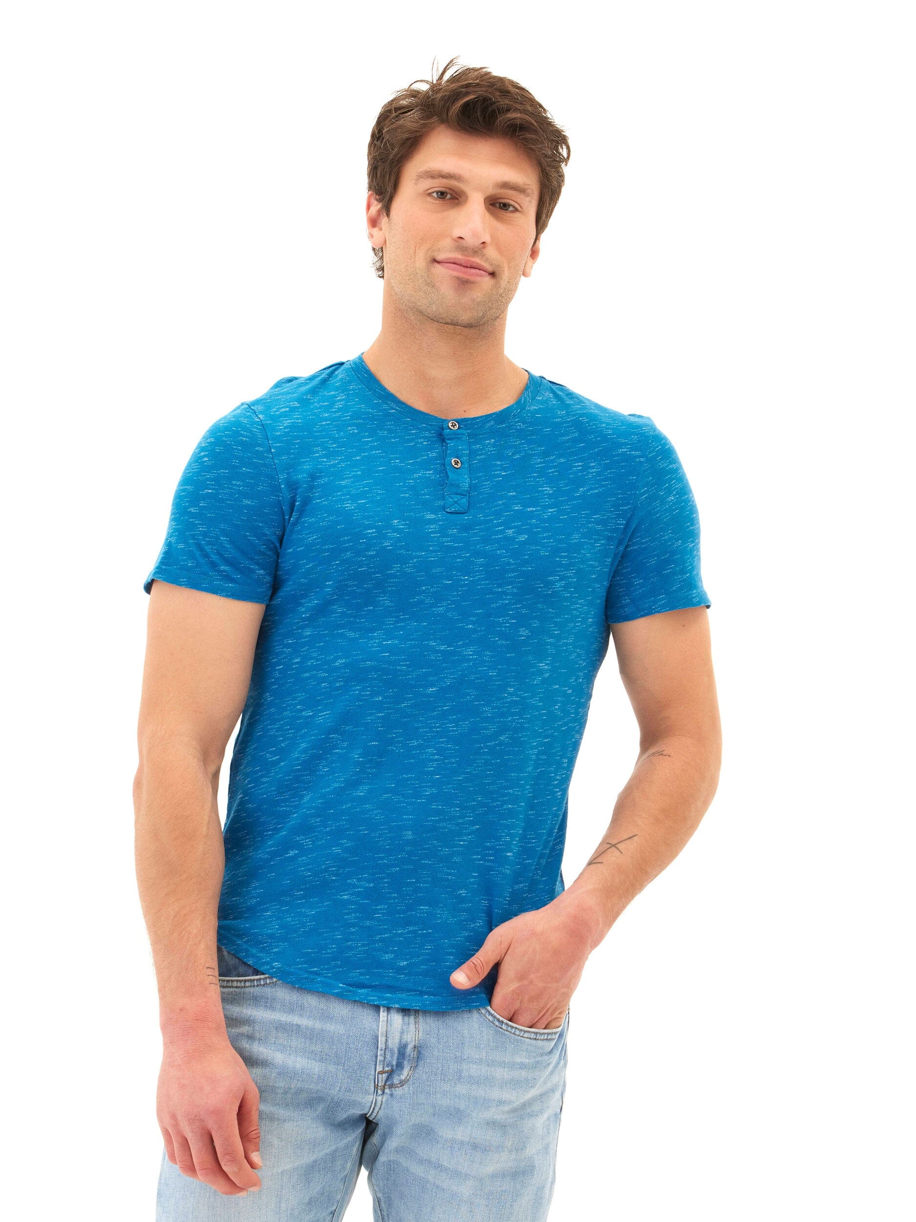 Two Tone Slub Jersey Henley Shirt for Men in Blue and White