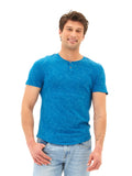 Men's two-tone slub jersey henley shirt in blue and white with button detail