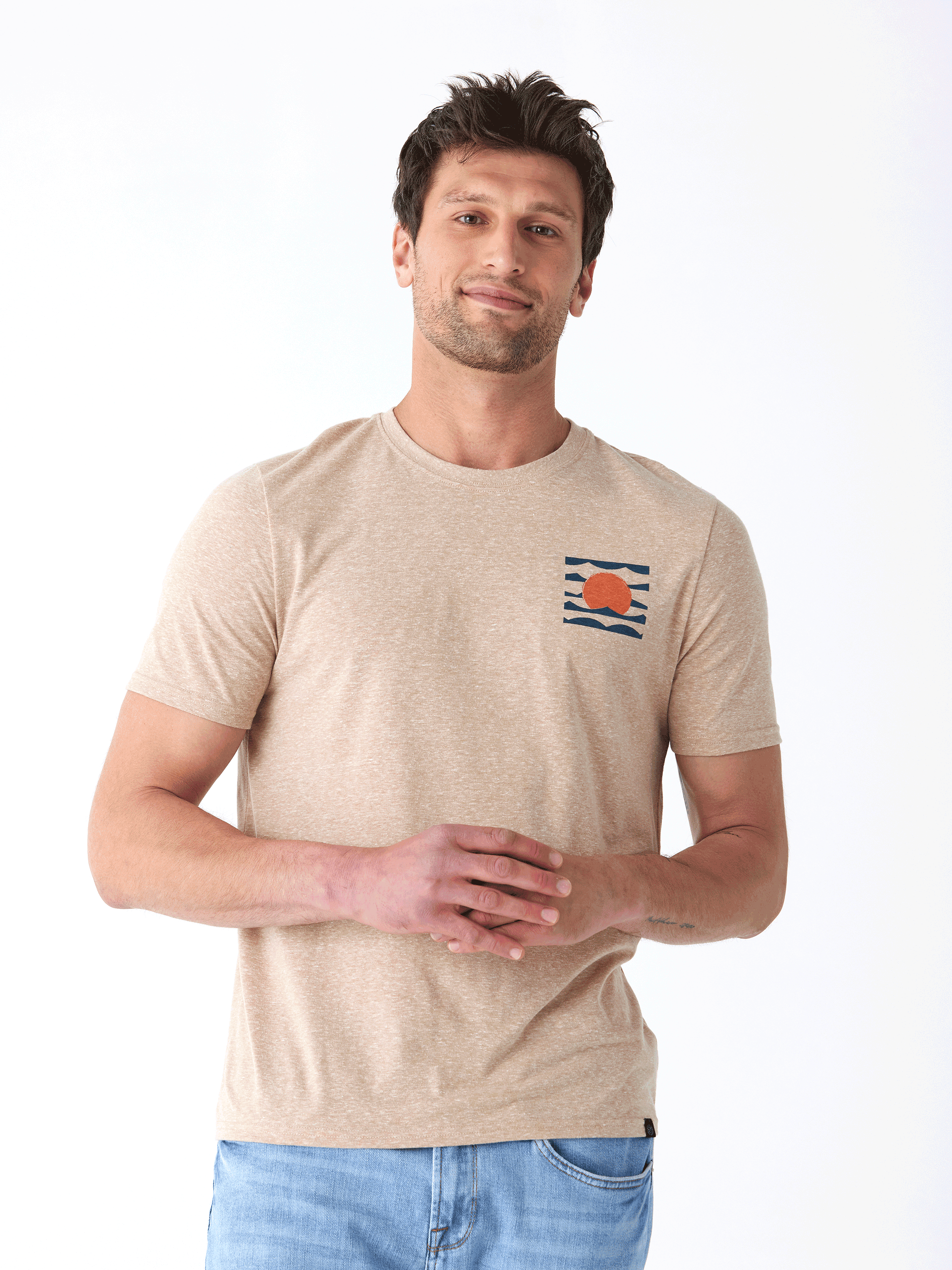 Men's Setting Sun graphic tee in tan, navy, and orange showing a hand-drawn design