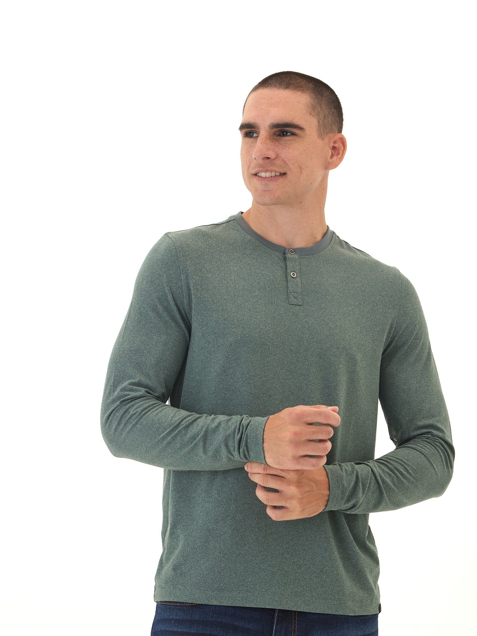 Men's long sleeve henley shirt made from soft luxe jersey, available in green and grey.