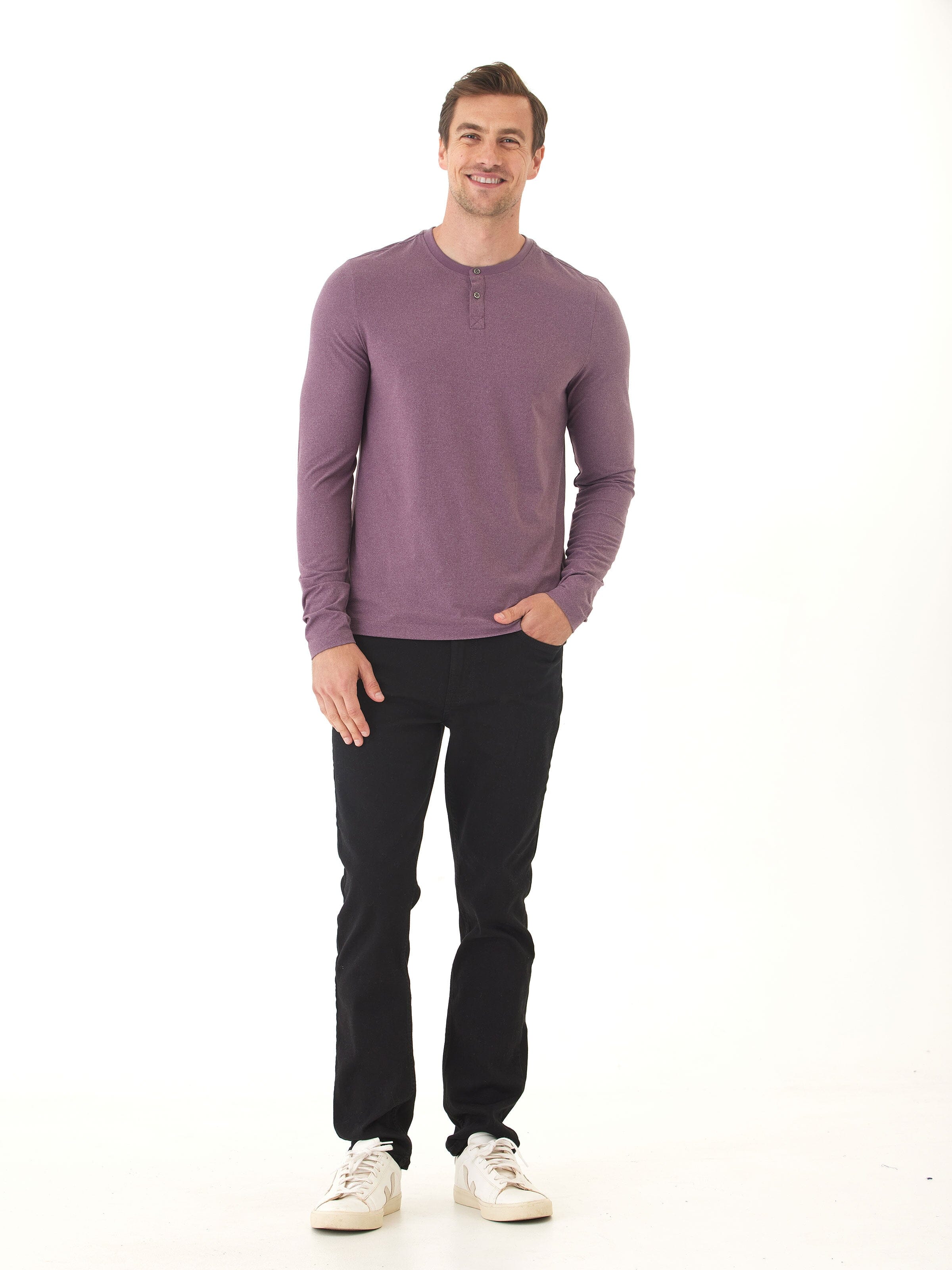 Frederick Luxe Jersey Long Sleeve Henley in Heather-Plum