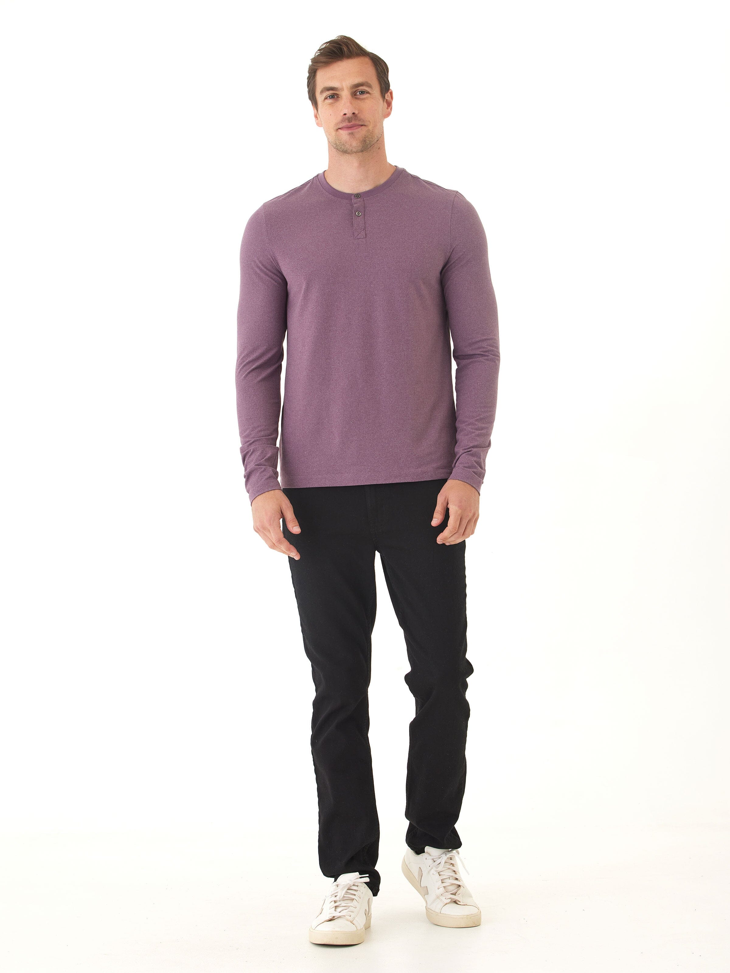 Frederick Luxe Jersey Long Sleeve Henley in Heather-Plum