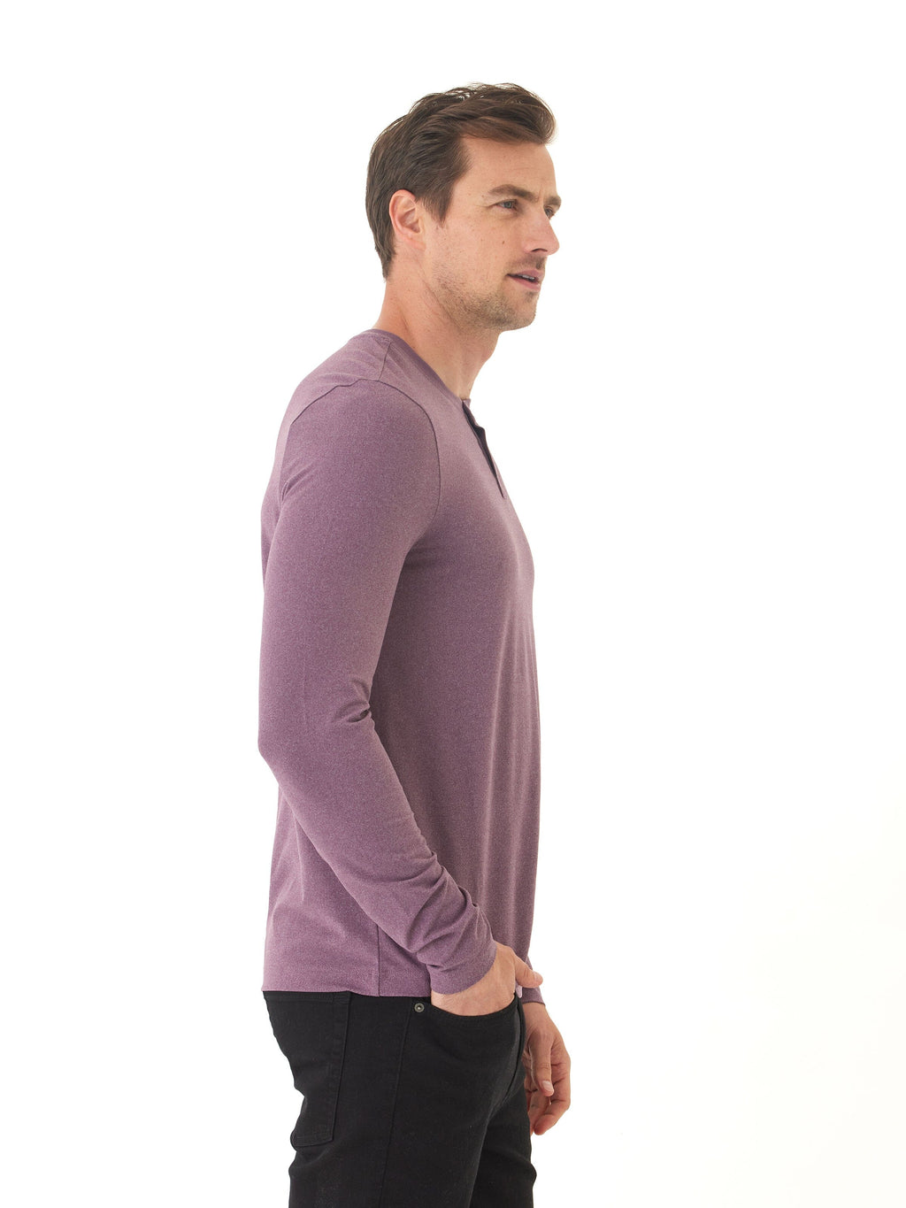 Frederick Luxe Jersey Long Sleeve Henley in Heather-Plum