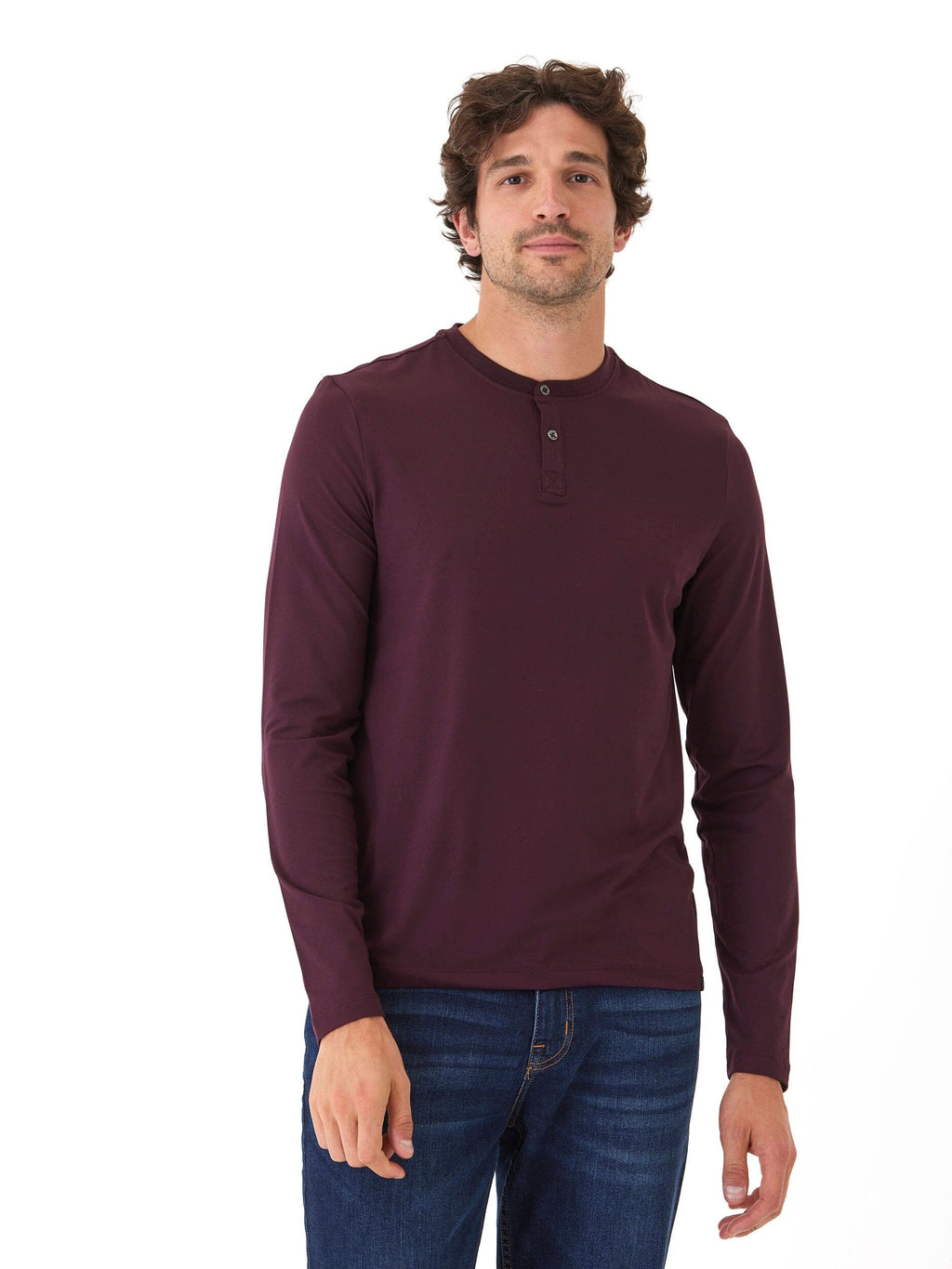 Close up of the Frederick Luxe Jersey Long Sleeve Henley featuring a soft-touch texture and classic henley neckline.