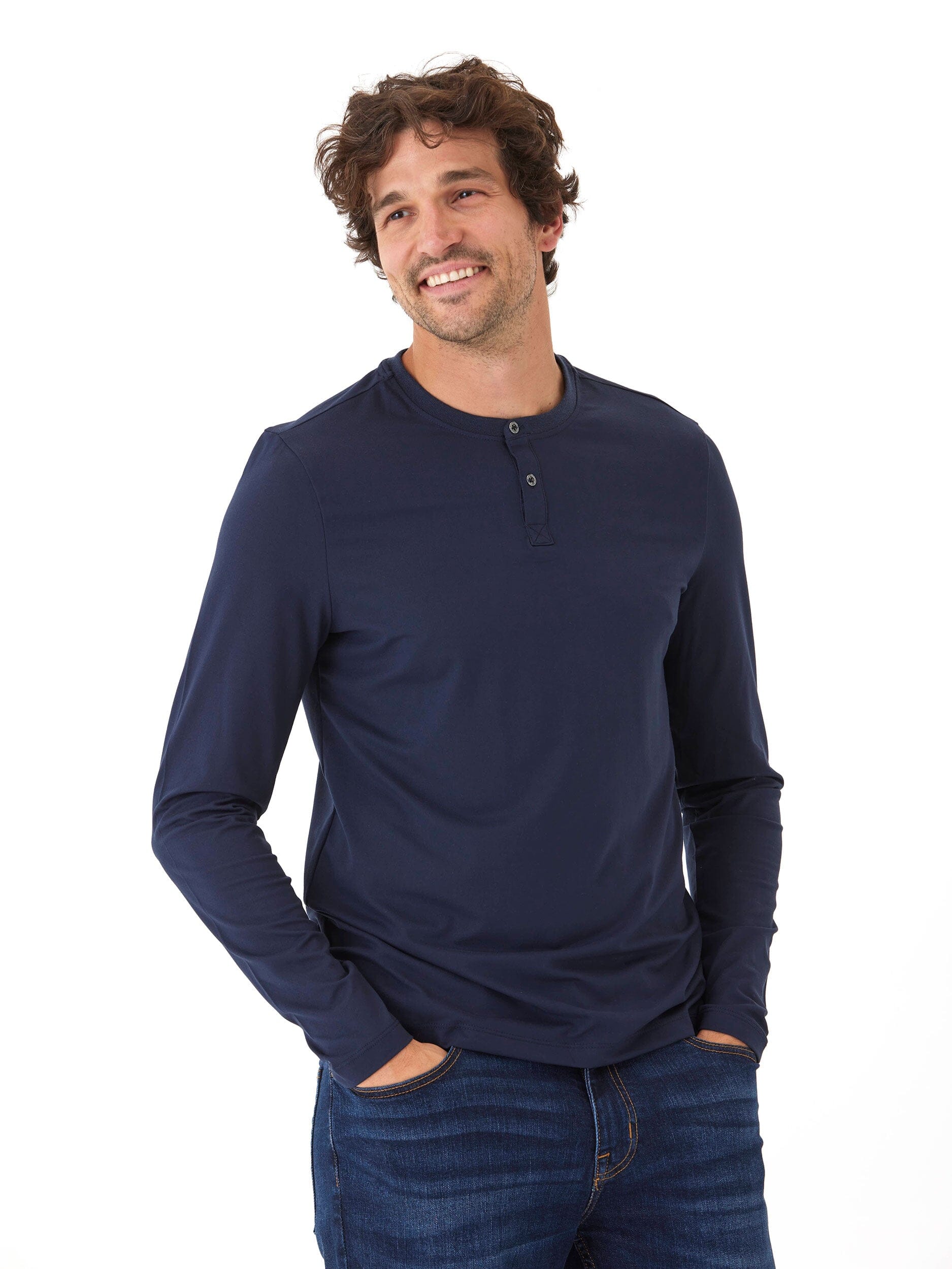 Men's Frederick Luxe Jersey Long Sleeve Henley in navy blue featuring a solid minimalist design.