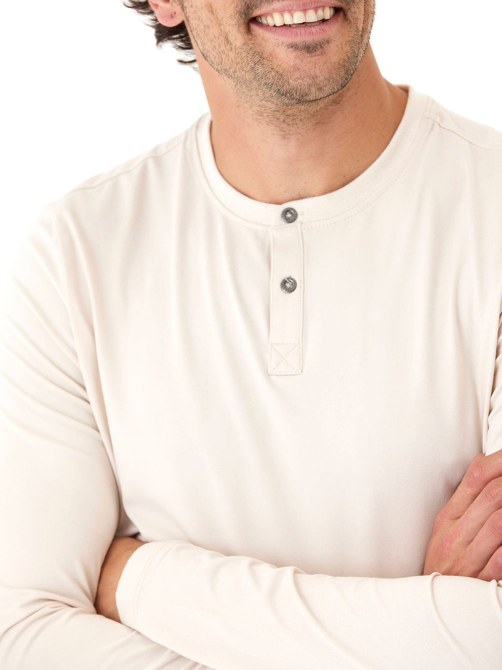 Close up of the Frederick Luxe Jersey Long Sleeve Henley in neutral tones