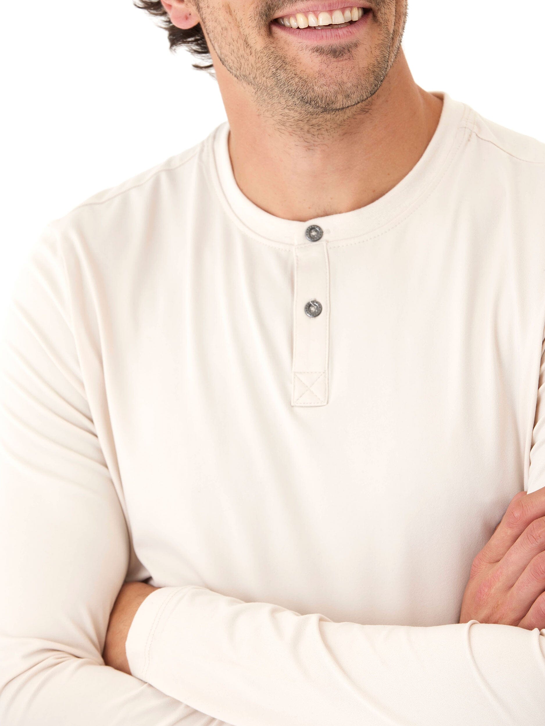 Close up of the Frederick Luxe Jersey Long Sleeve Henley in neutral tones