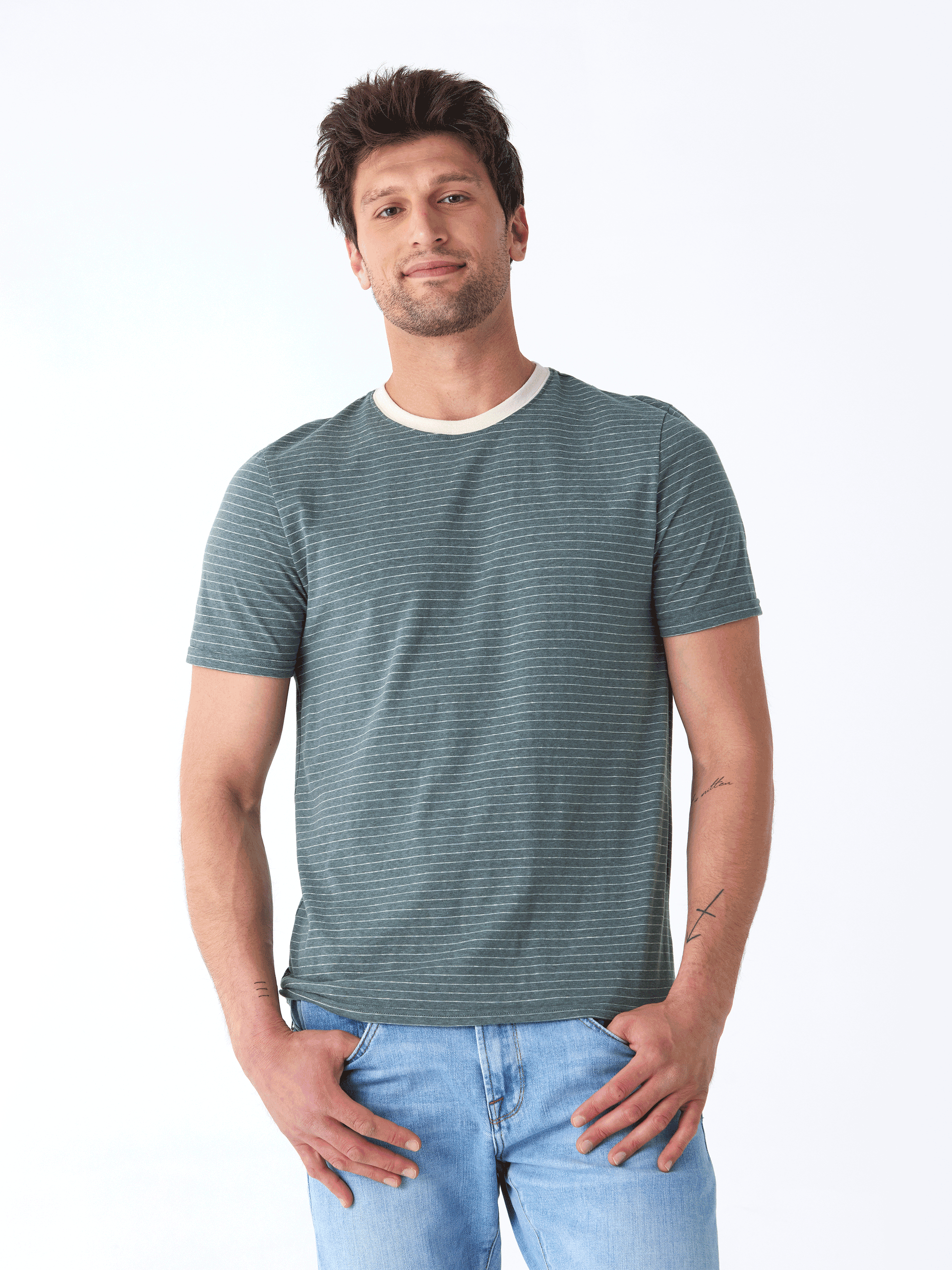 Men's striped crew neck tee in green and off-white featuring a premium jersey knit texture