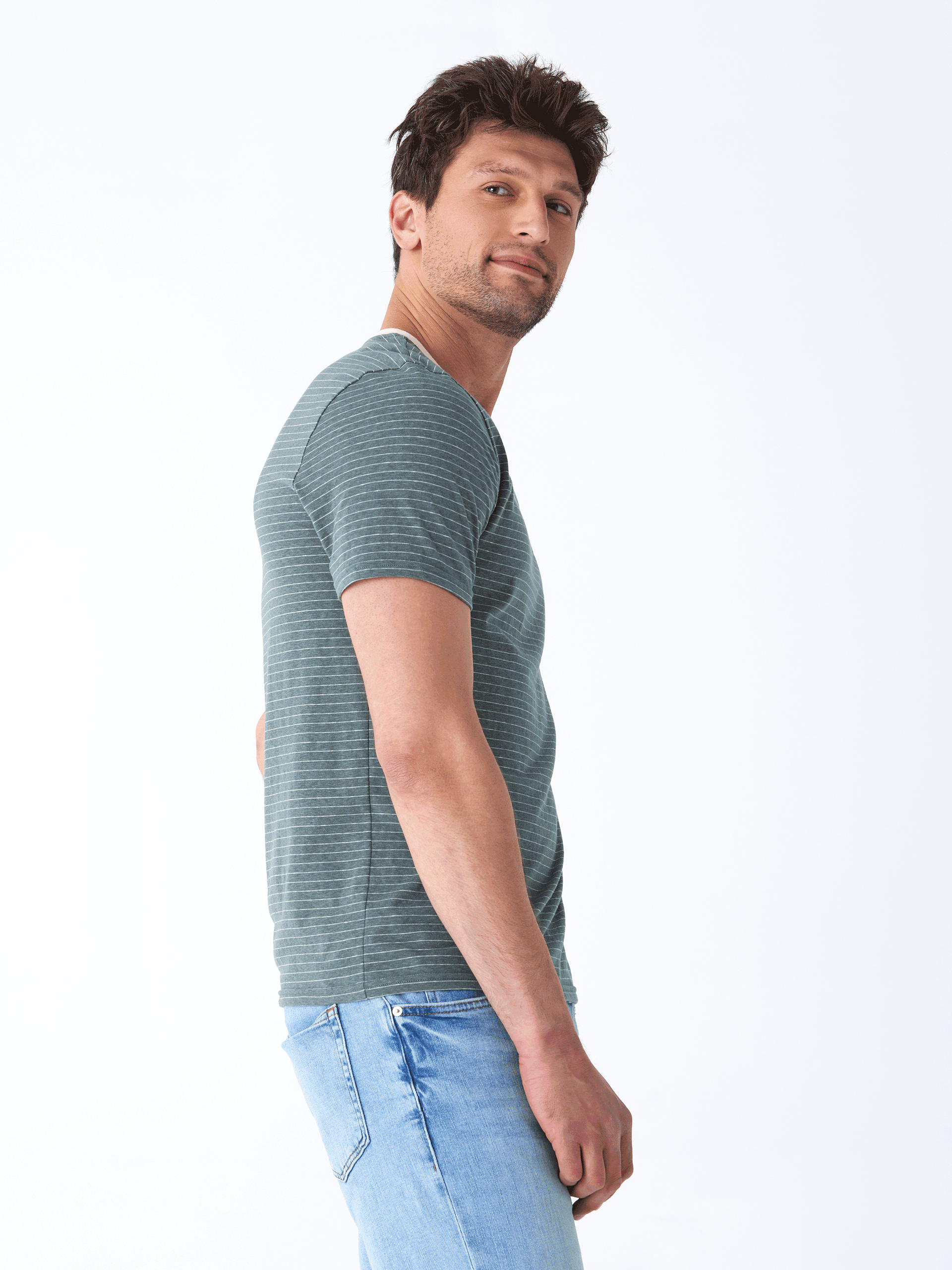 Stripe Triblend Jersey Crew Tee in Green and Off-White