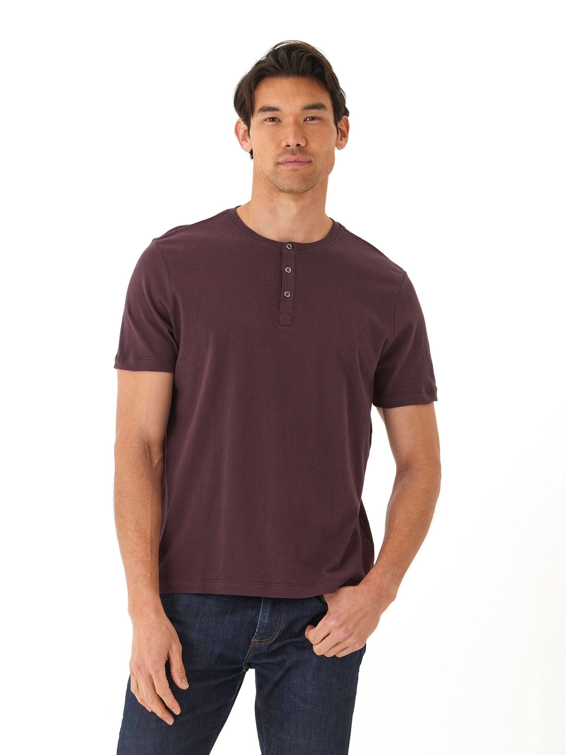 Men's Chester organic cotton Henley shirt in deep muted burgundy with short sleeves and button placket