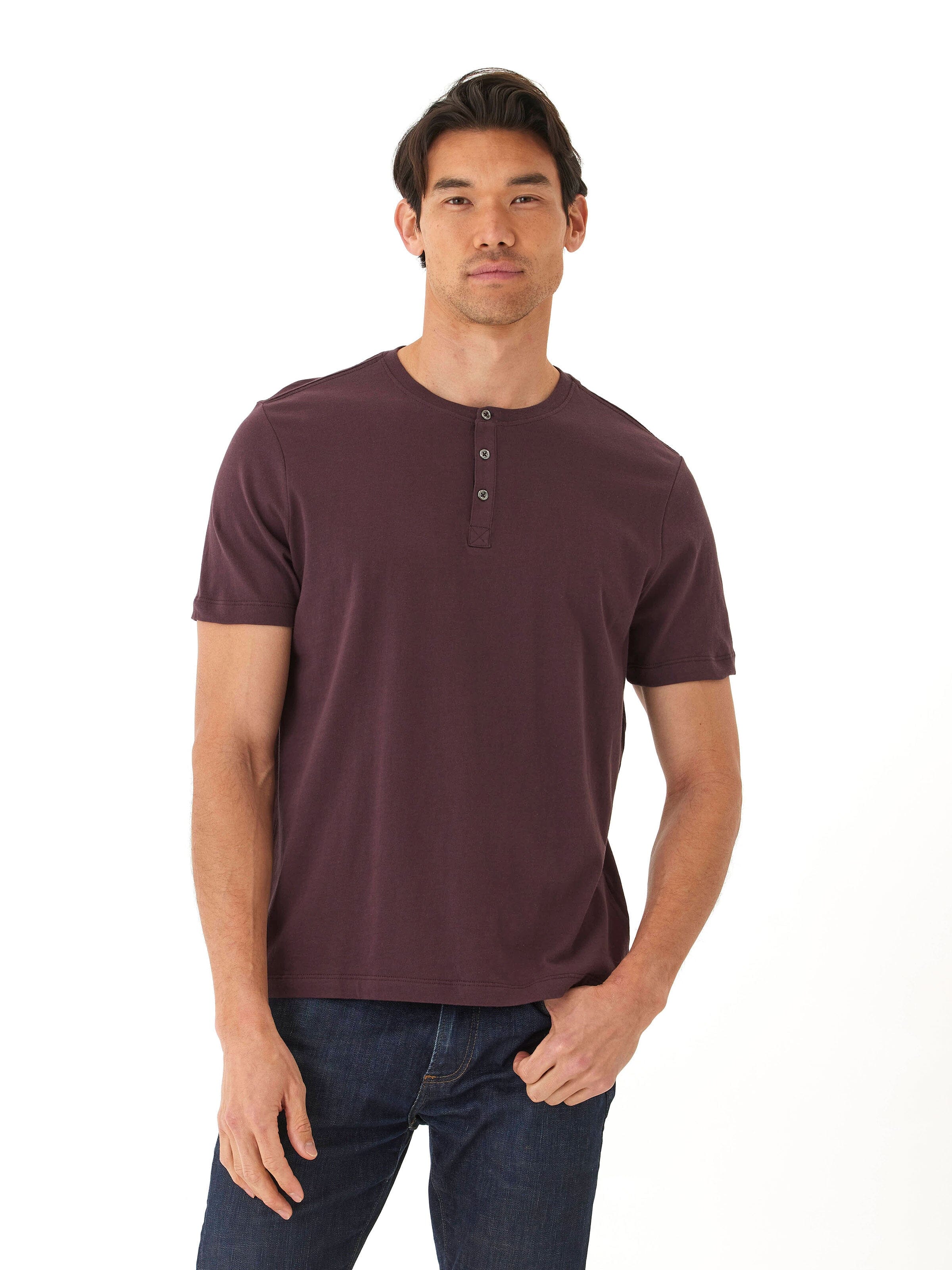 Men's Chester organic cotton Henley shirt in deep muted burgundy with short sleeves and button placket