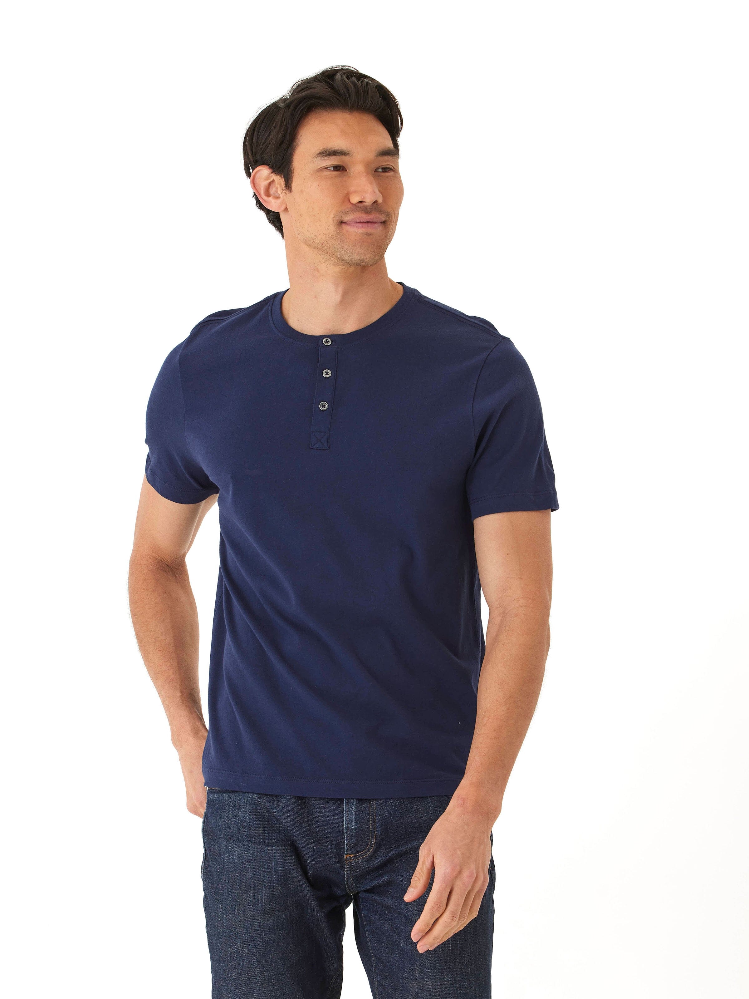 Close up view of the Chester Organic Cotton Henley with contrast placket detail