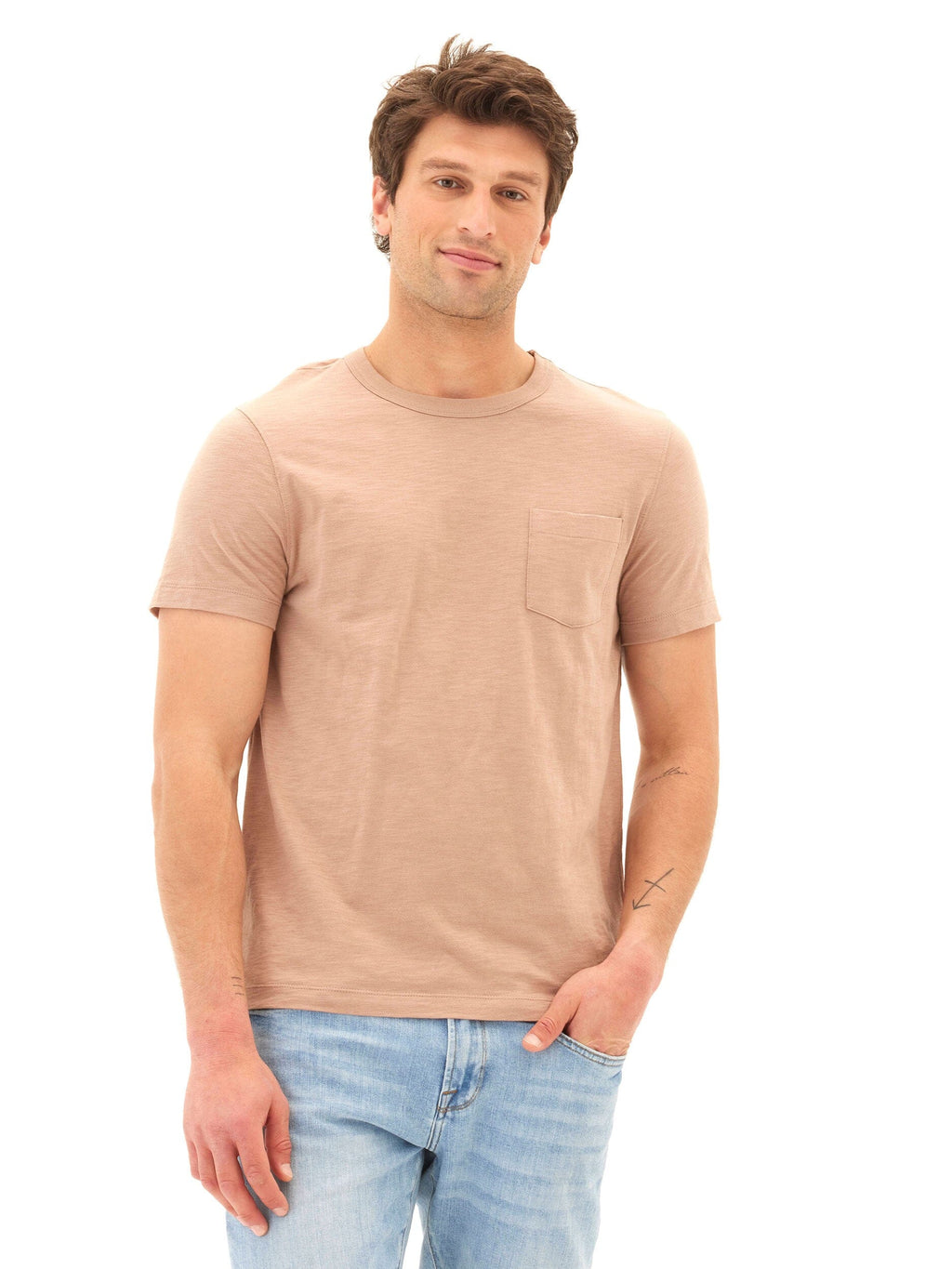Close up of the Ryker Slub Jersey Pocket Tee in 100% organic cotton showing textured fabric and chest pocket detail.