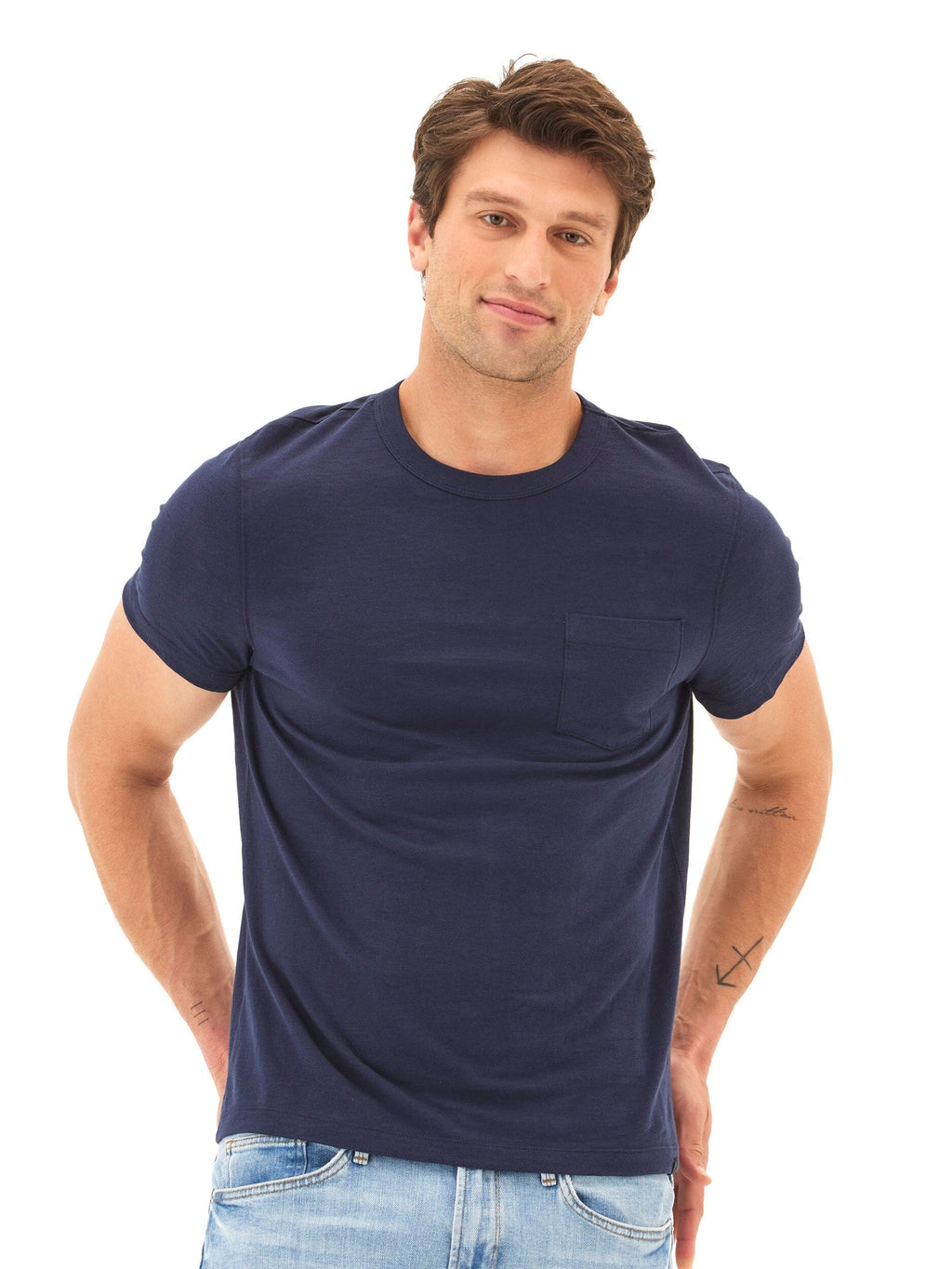Navy blue men's slub jersey pocket tee with a minimalist, relaxed fit