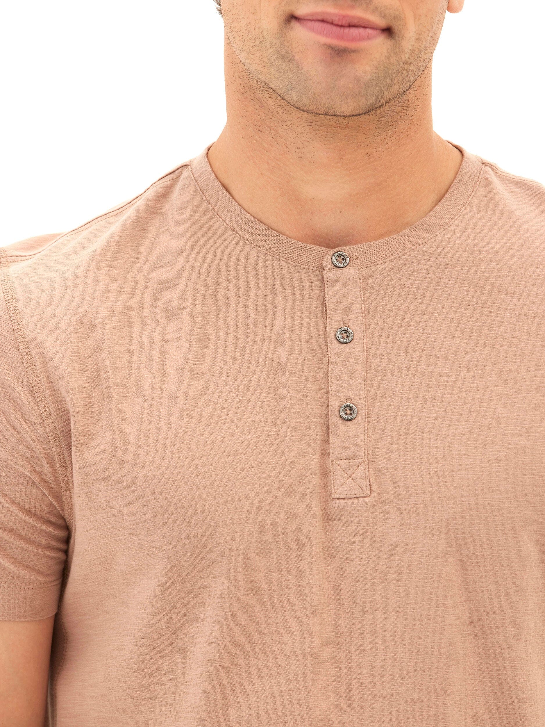 Heath Slub Jersey Short Sleeve Henley in Tan and Beige