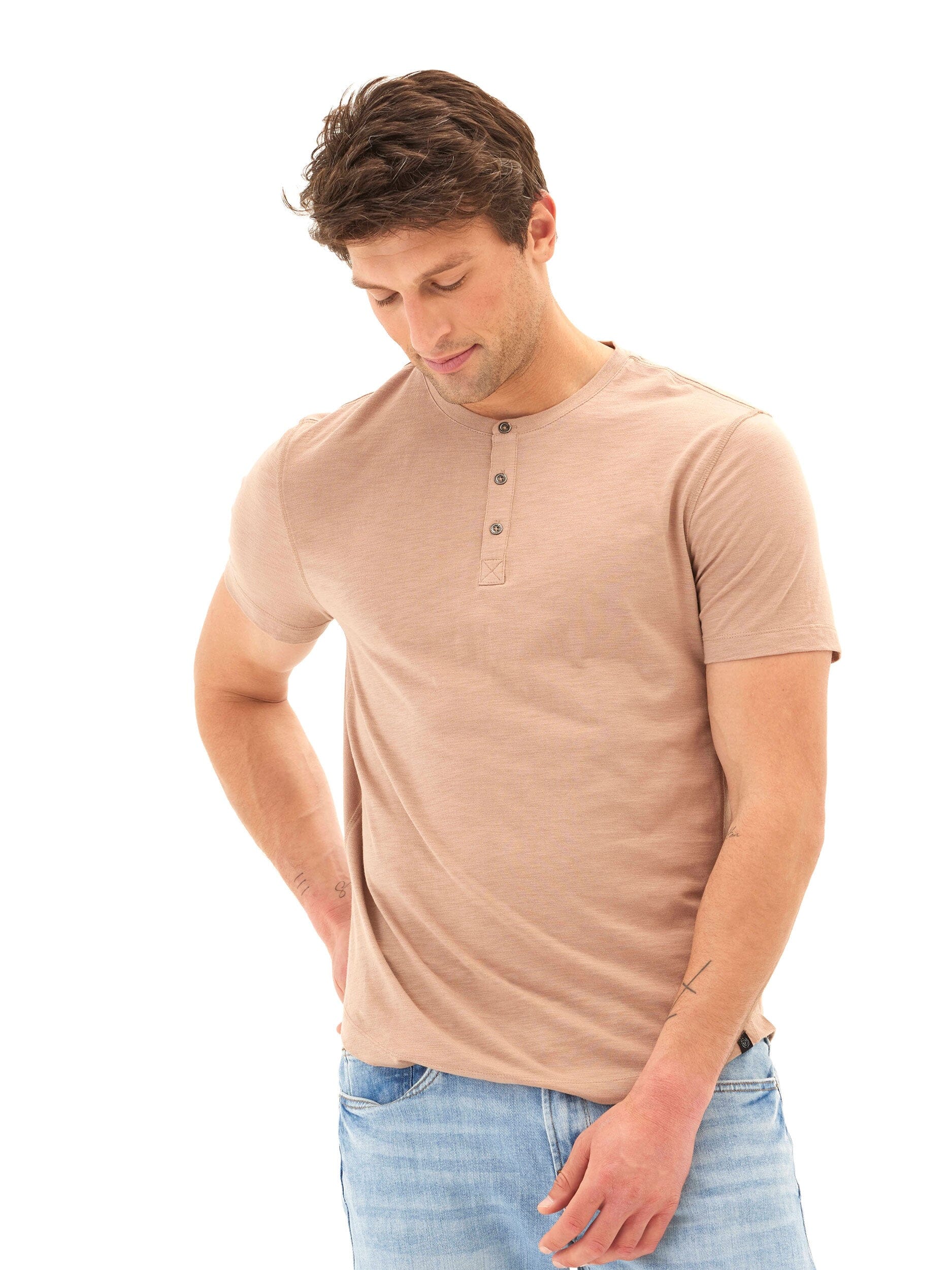 Heath Slub Jersey Short Sleeve Henley in Tan and Beige