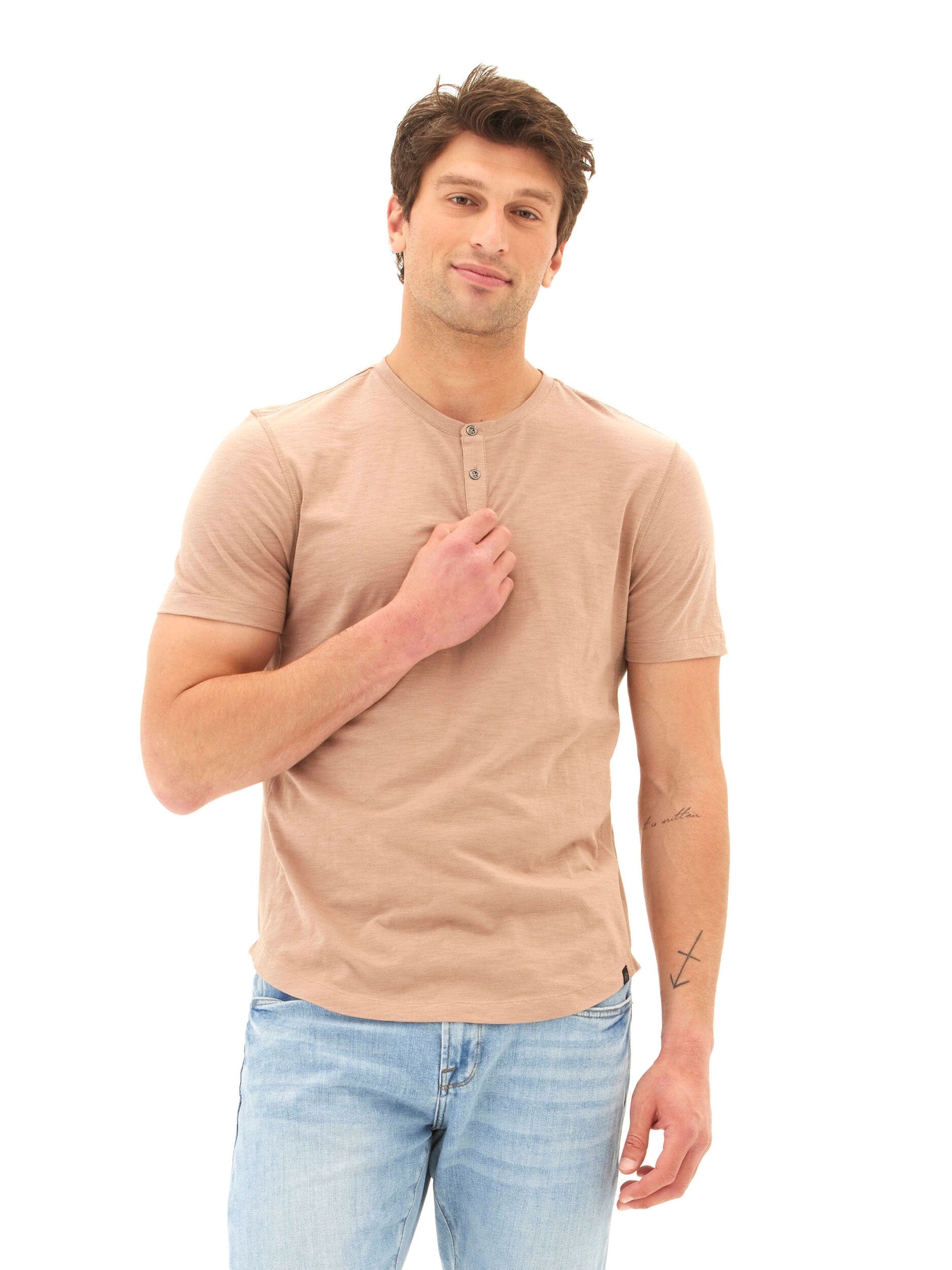 Heath Slub Jersey Short Sleeve Henley in Tan and Beige