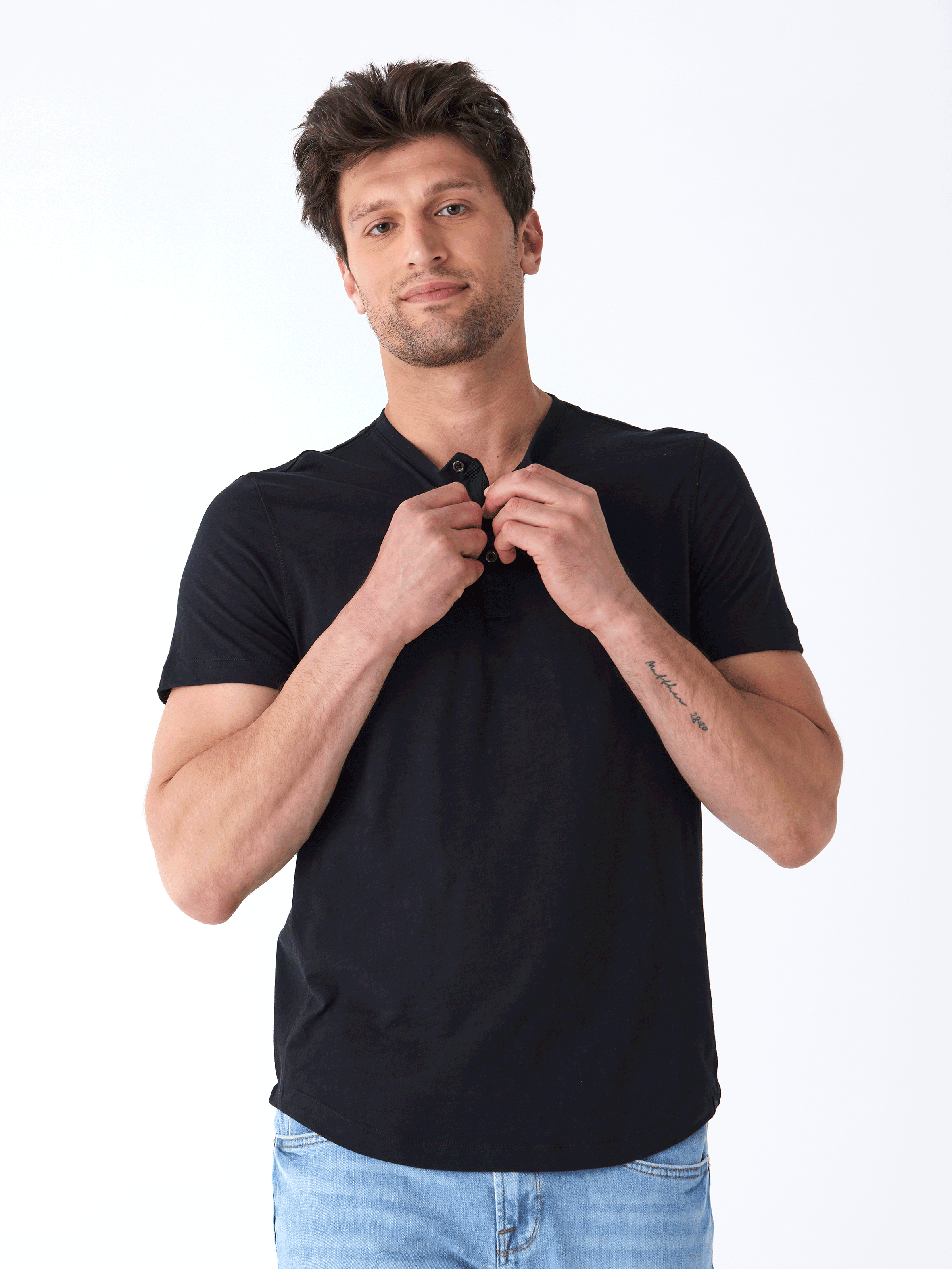 Heath Slub Jersey Short Sleeve Henley in Black for Men