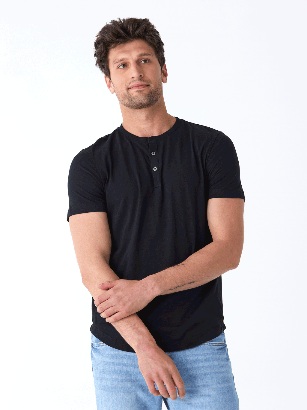 Men's Heath Slub Jersey Short Sleeve Henley in solid black with three-button detail