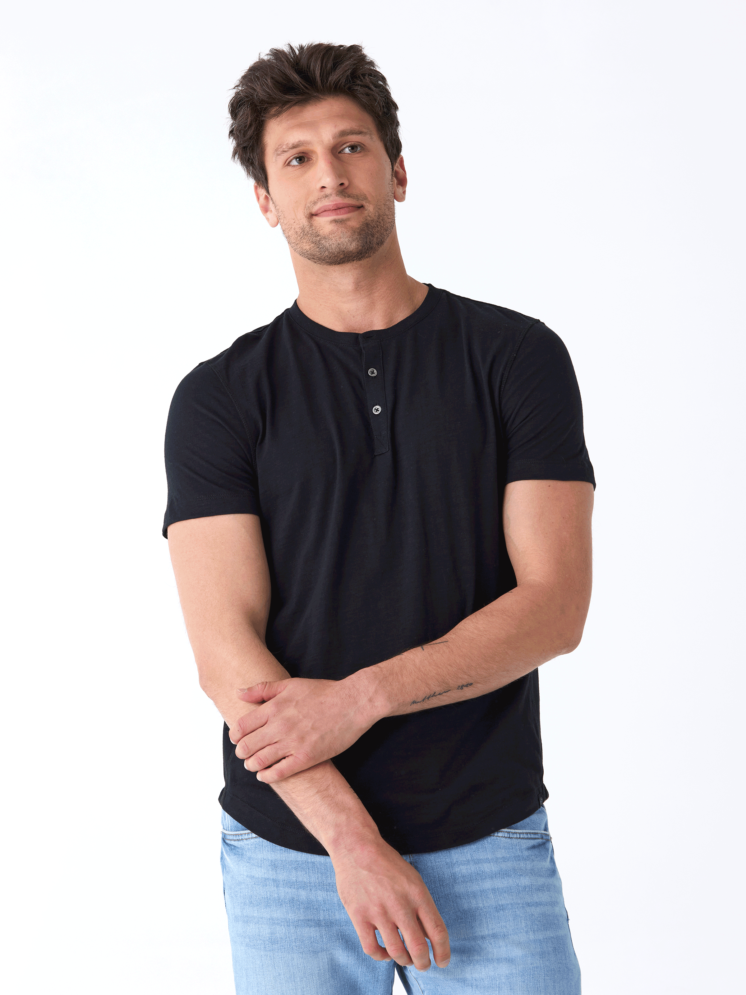 Men's Heath Slub Jersey Short Sleeve Henley in solid black with three-button detail
