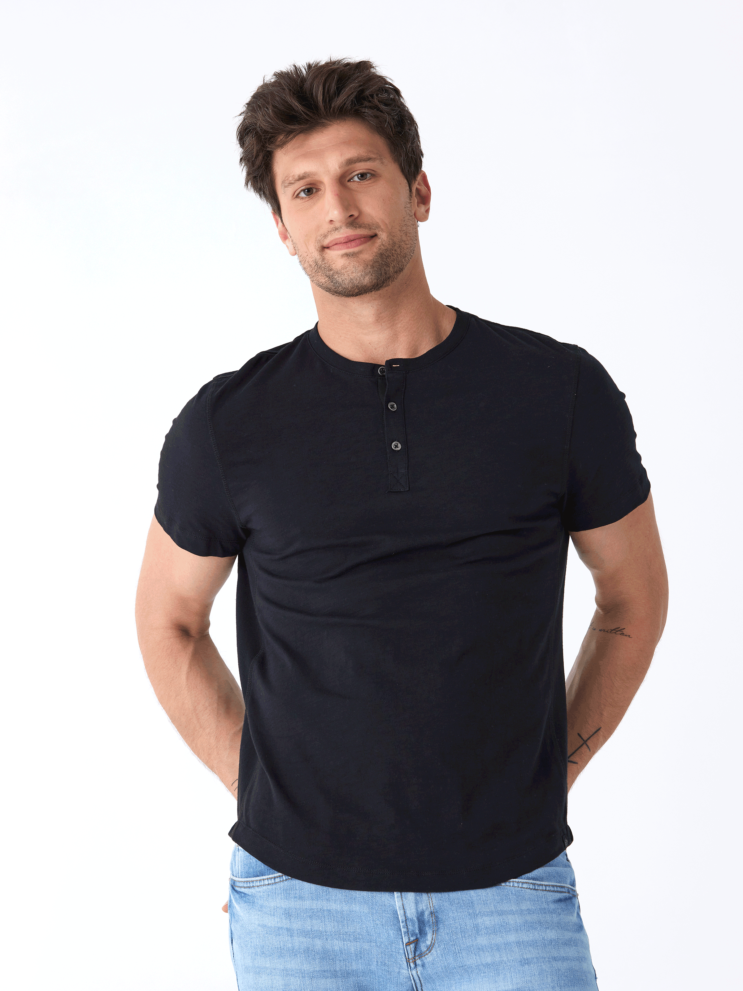 Heath Slub Jersey Short Sleeve Henley in Black for Men