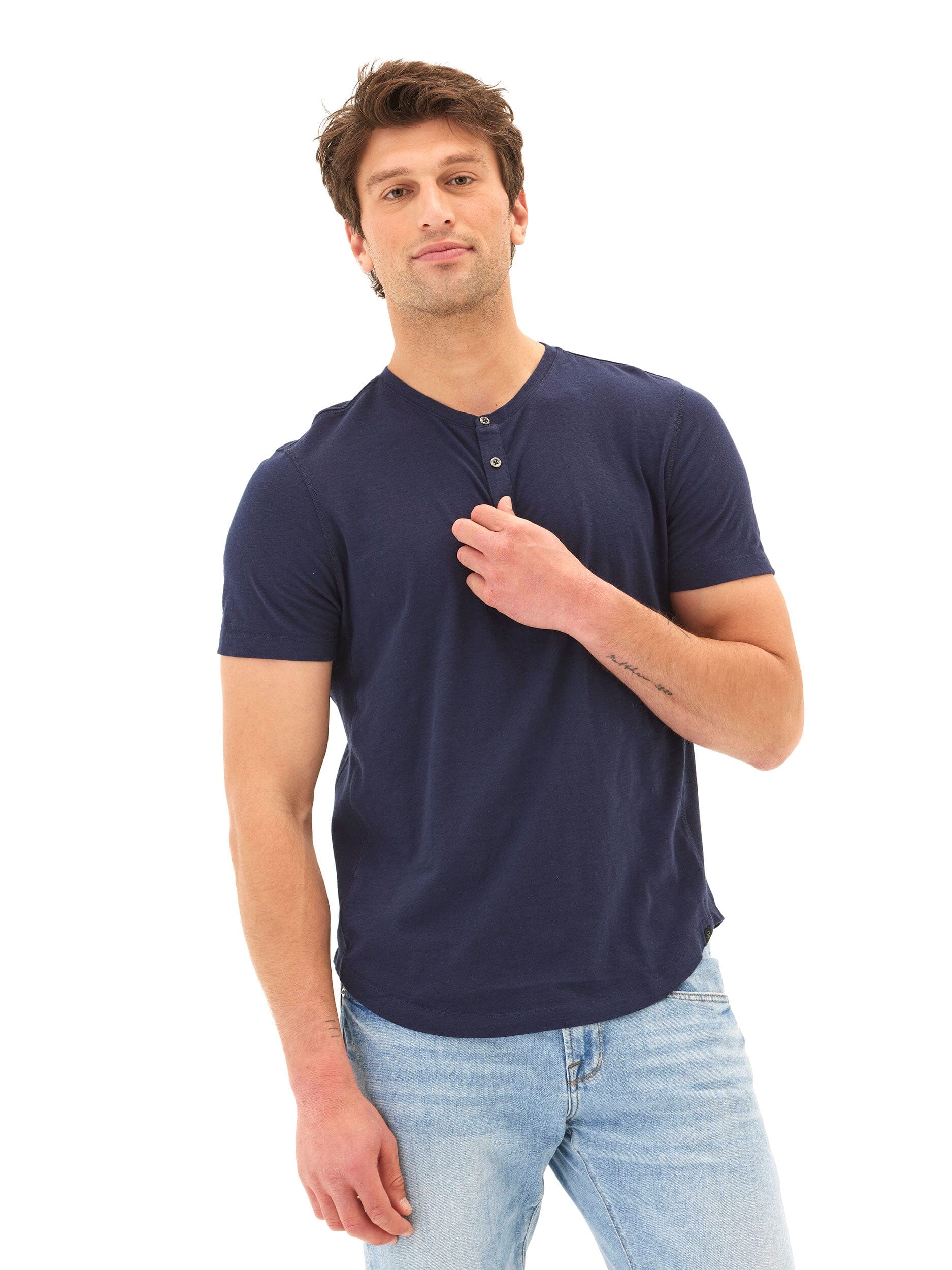 Close up of a 100% organic cotton Heath Slub Jersey Short Sleeve Henley with three button detail