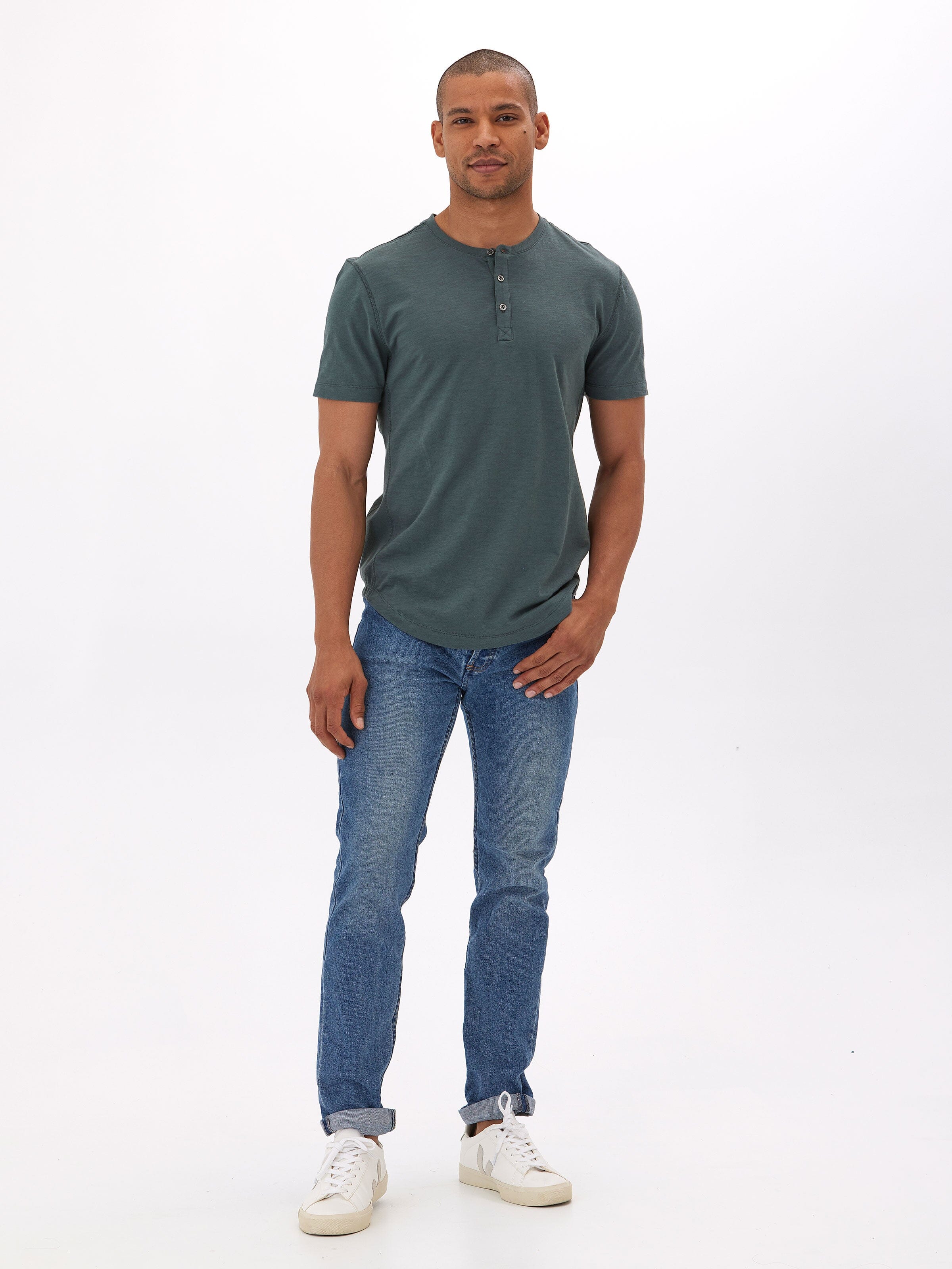 Men's Heath Slub Jersey Short Sleeve Henley in Dark Teal/Slate Green