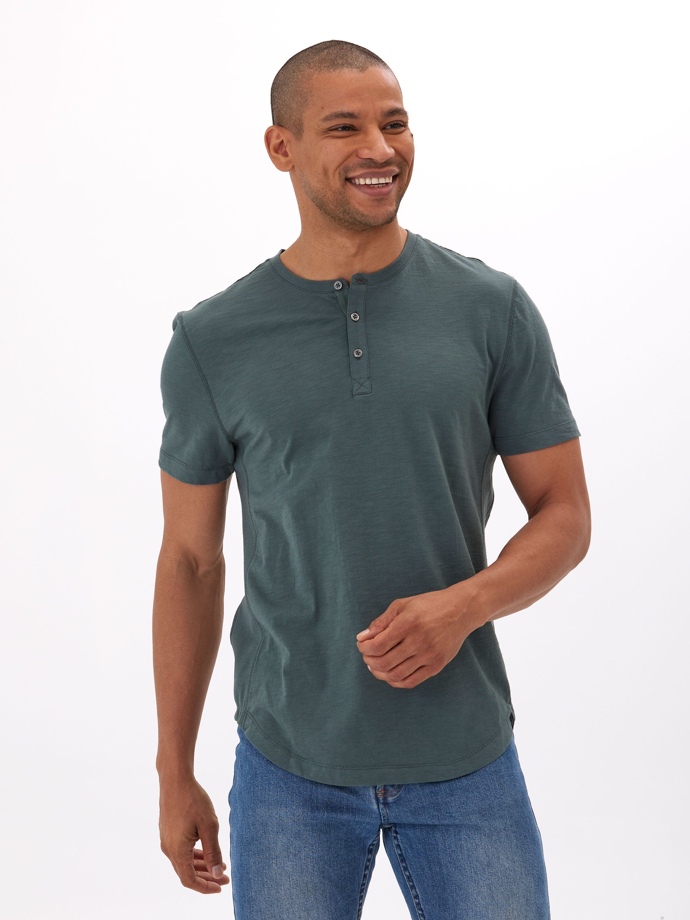 Men's Heath Slub Jersey Short Sleeve Henley in Dark Teal/Slate Green