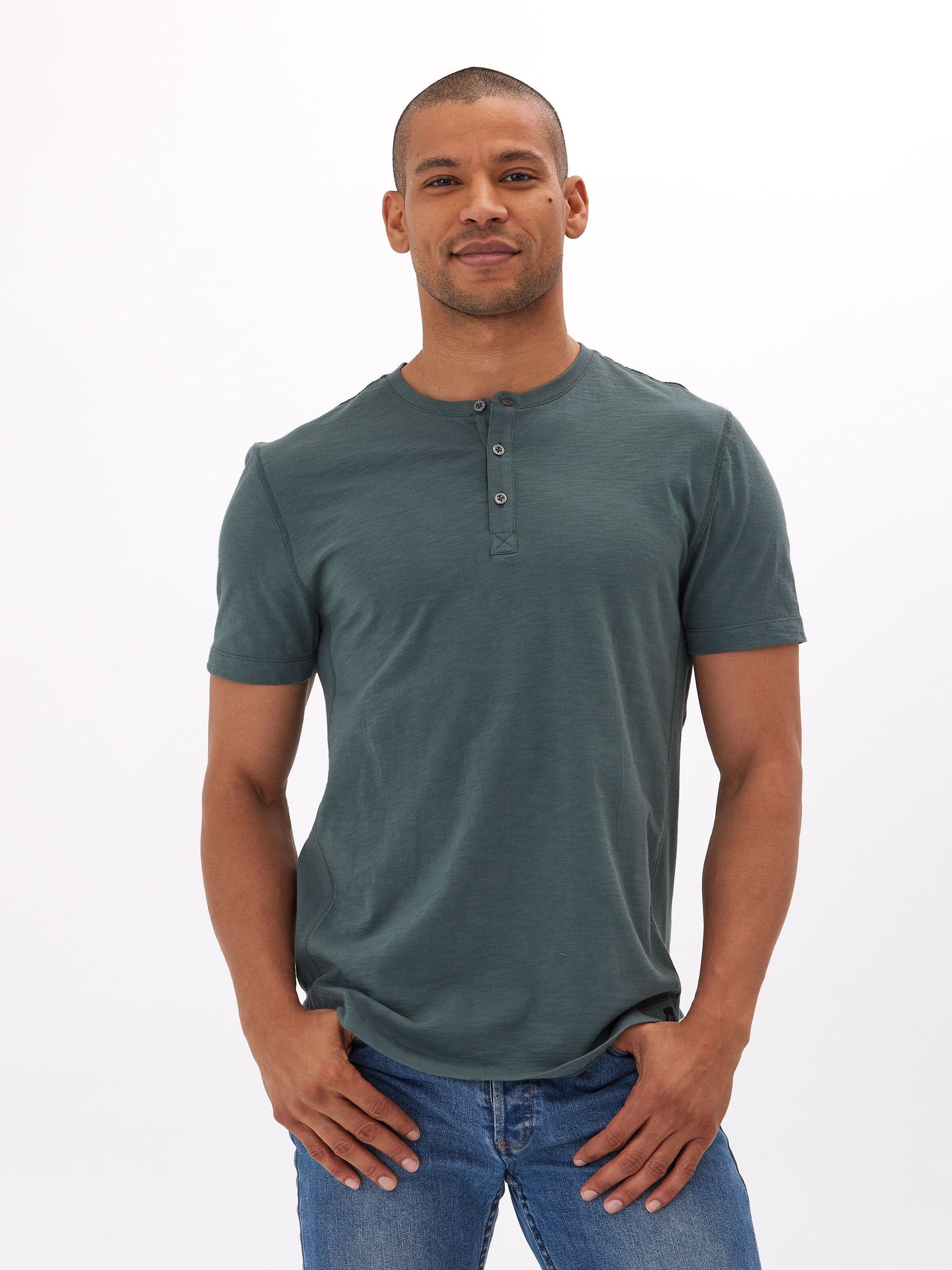 Men's Heath Slub Jersey Short Sleeve Henley in Dark Teal/Slate Green