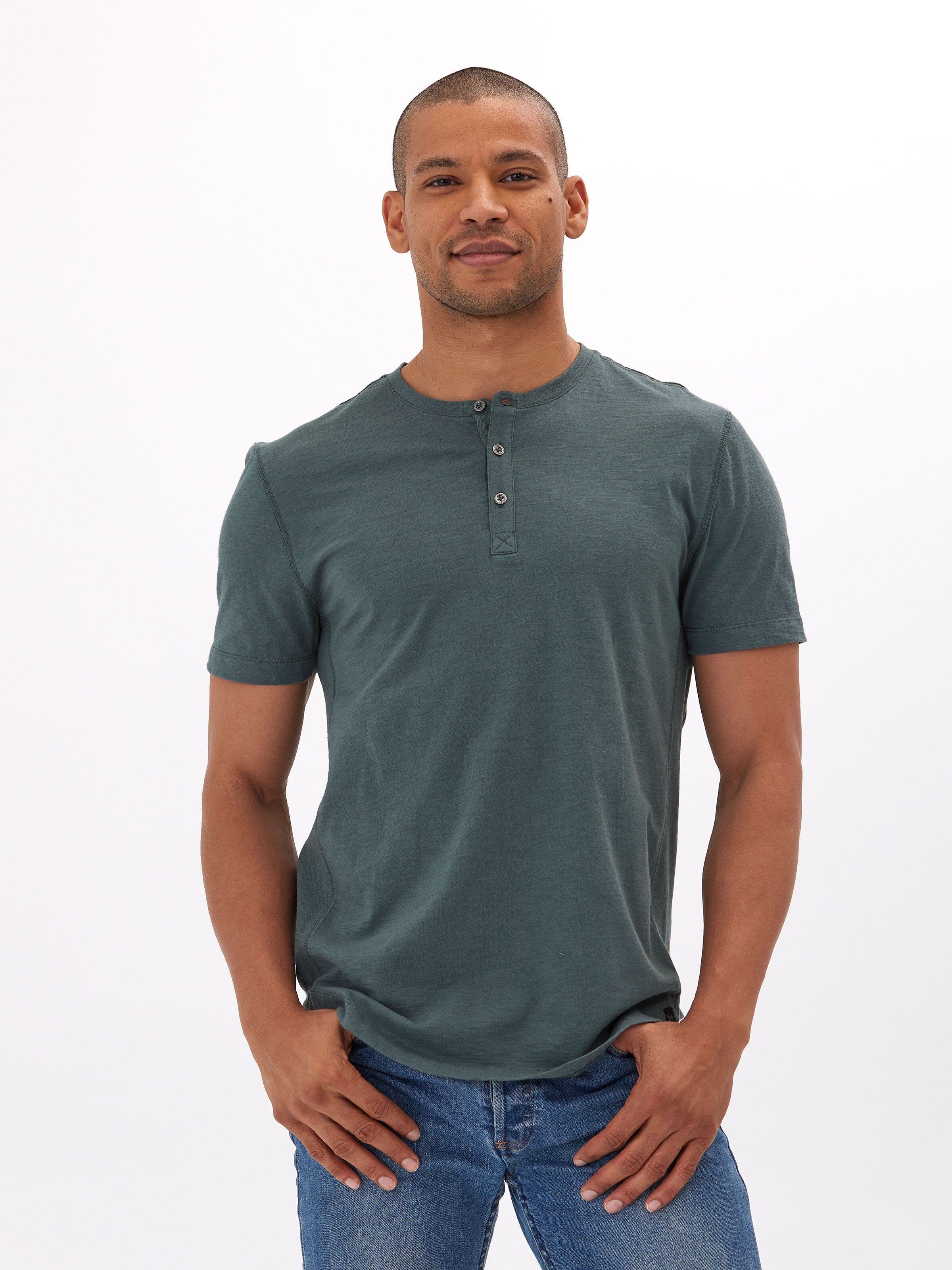 Men's Heath Slub Jersey Short Sleeve Henley in Dark Teal/Slate Green