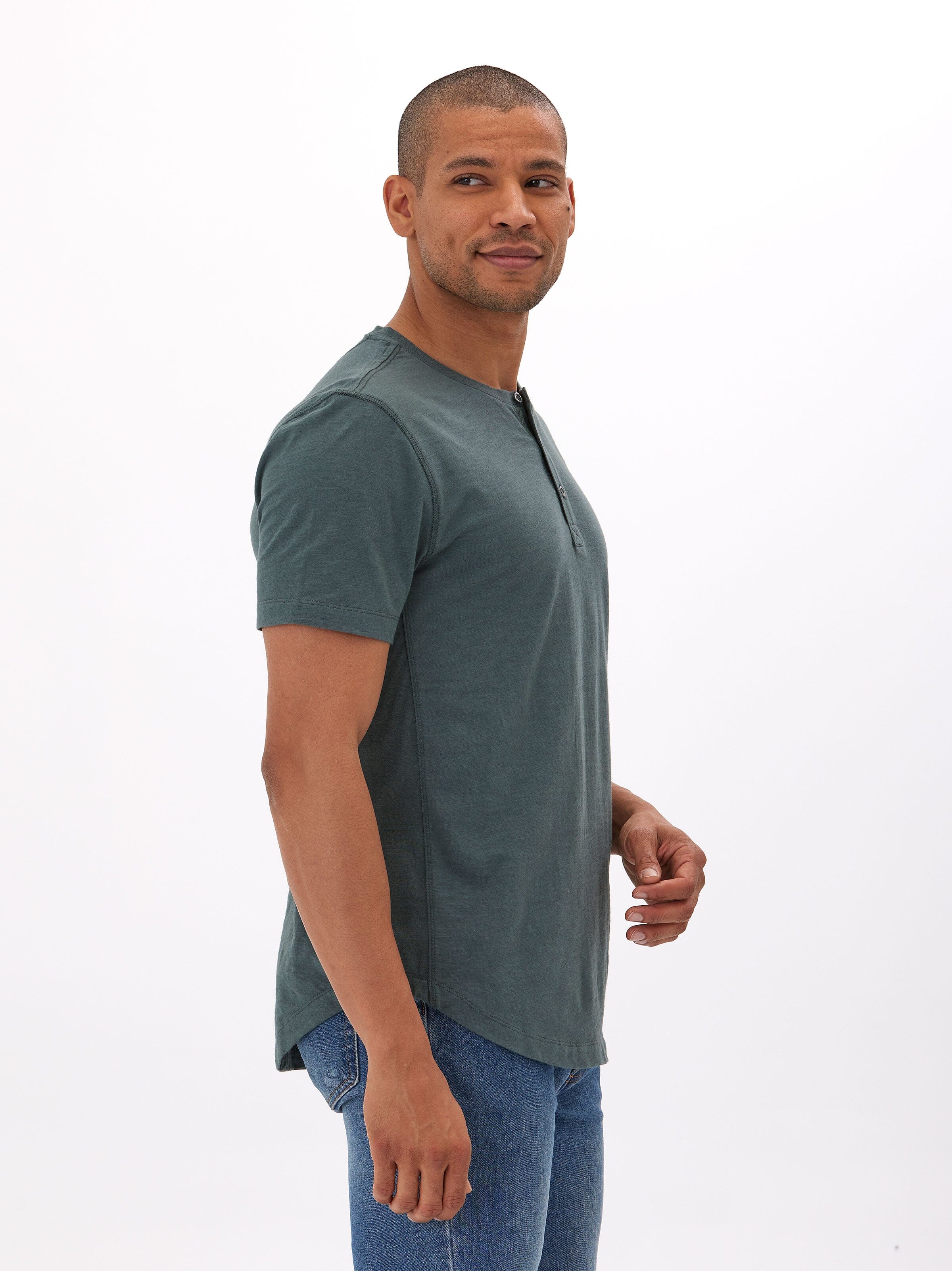 Men's Heath Slub Jersey Short Sleeve Henley in Dark Teal/Slate Green