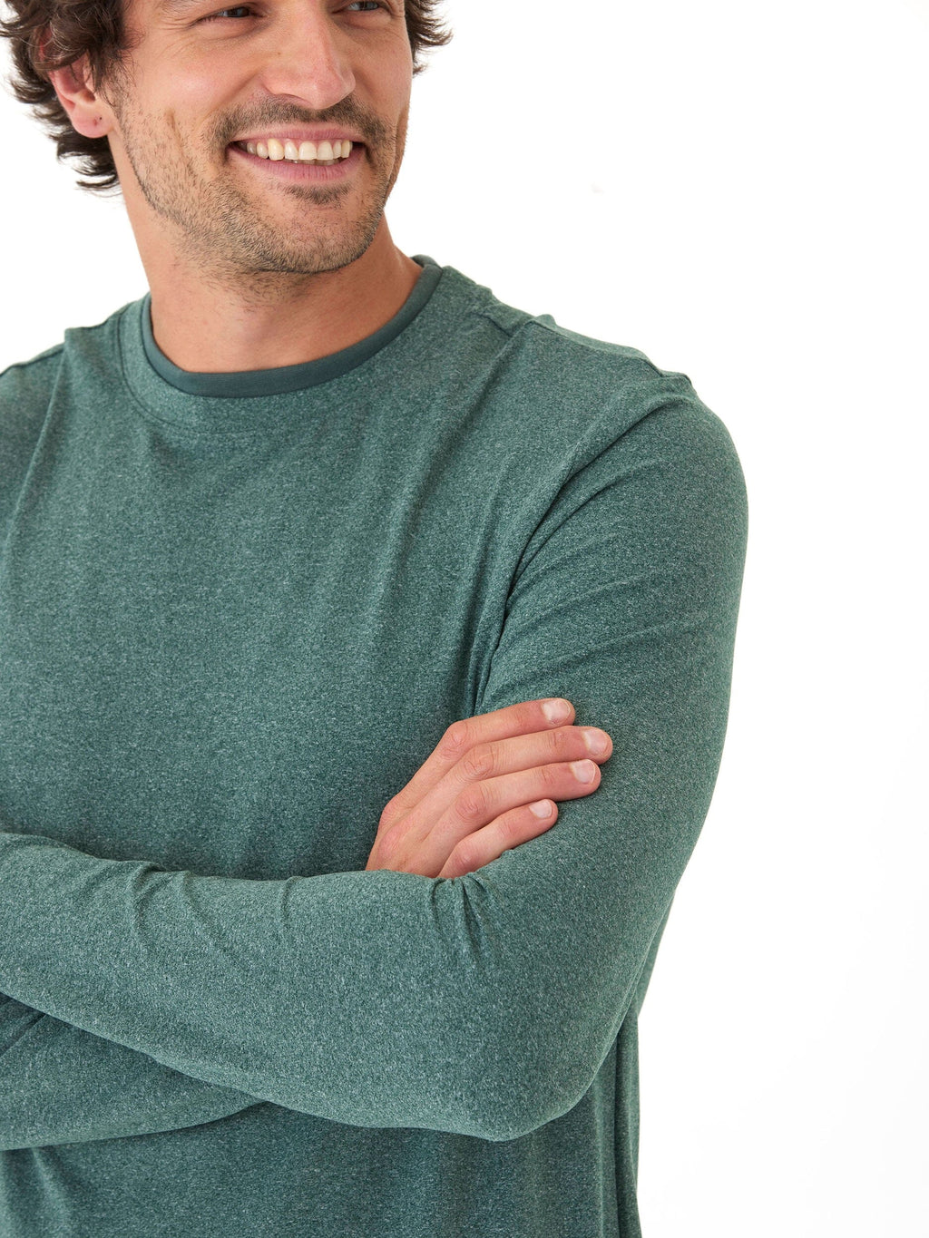 Close-up of the Parker Luxe Jersey Double Rib Long Sleeve Crew showing the ribbed texture and fabric quality.