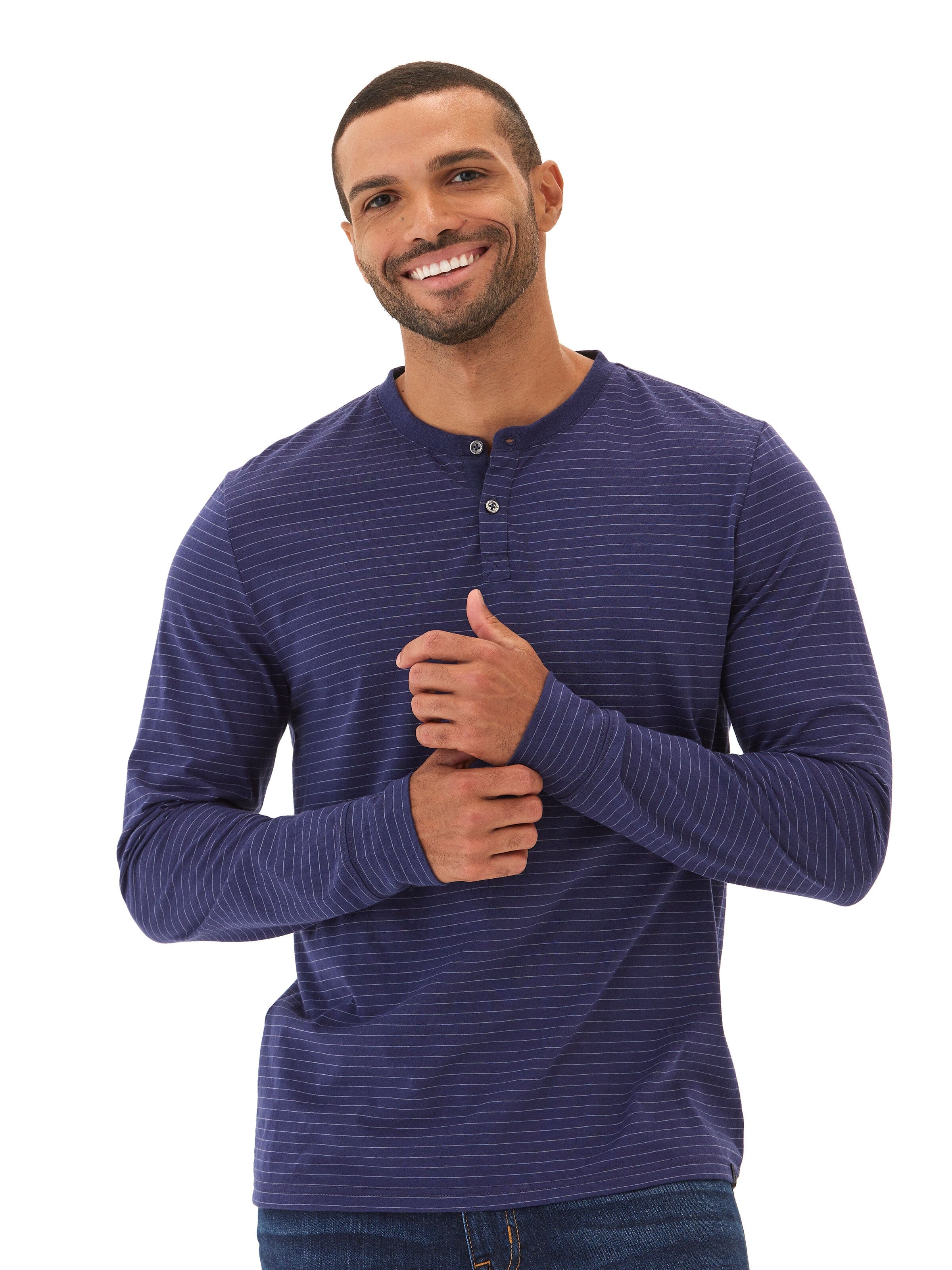 Triblend Stripe Long Sleeve Henley Shirt with Contrast Trim