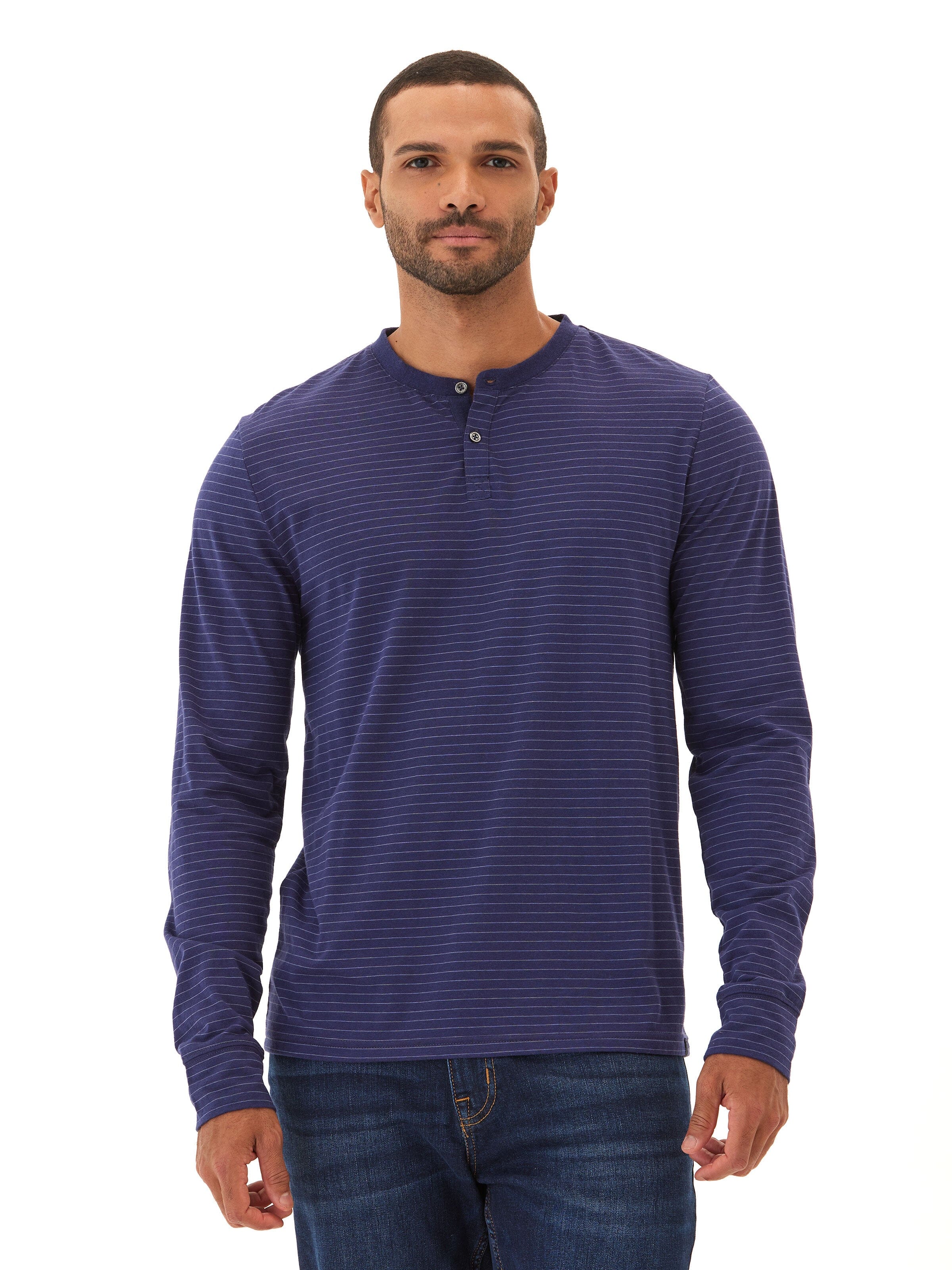 Triblend Stripe Long Sleeve Henley Shirt with Contrast Trim
