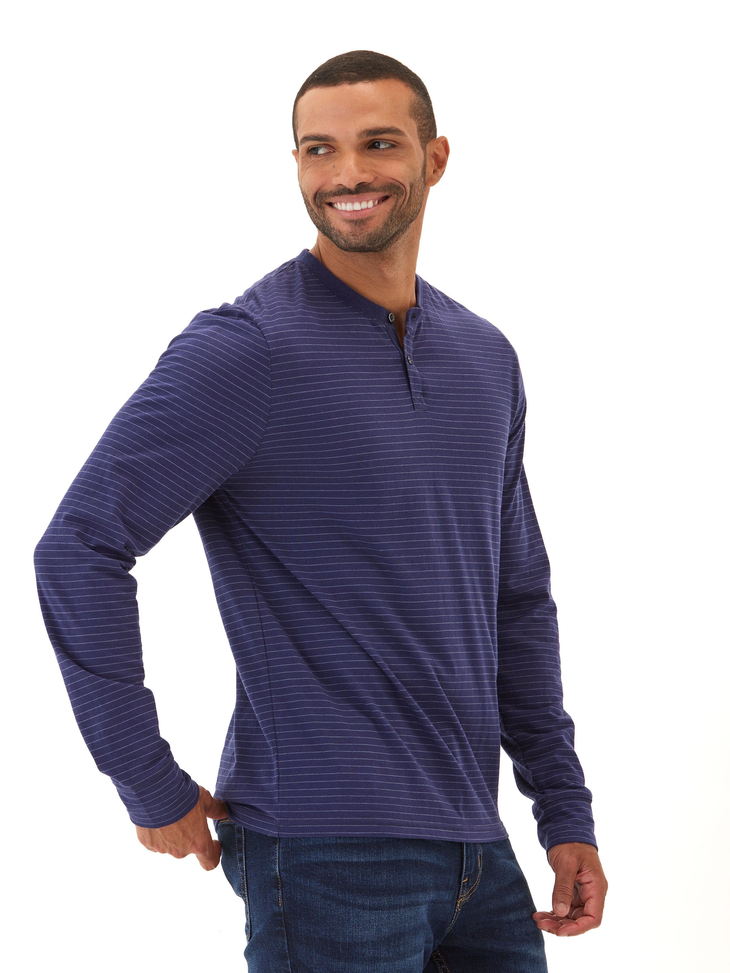 Triblend Stripe Long Sleeve Henley Shirt with Contrast Trim
