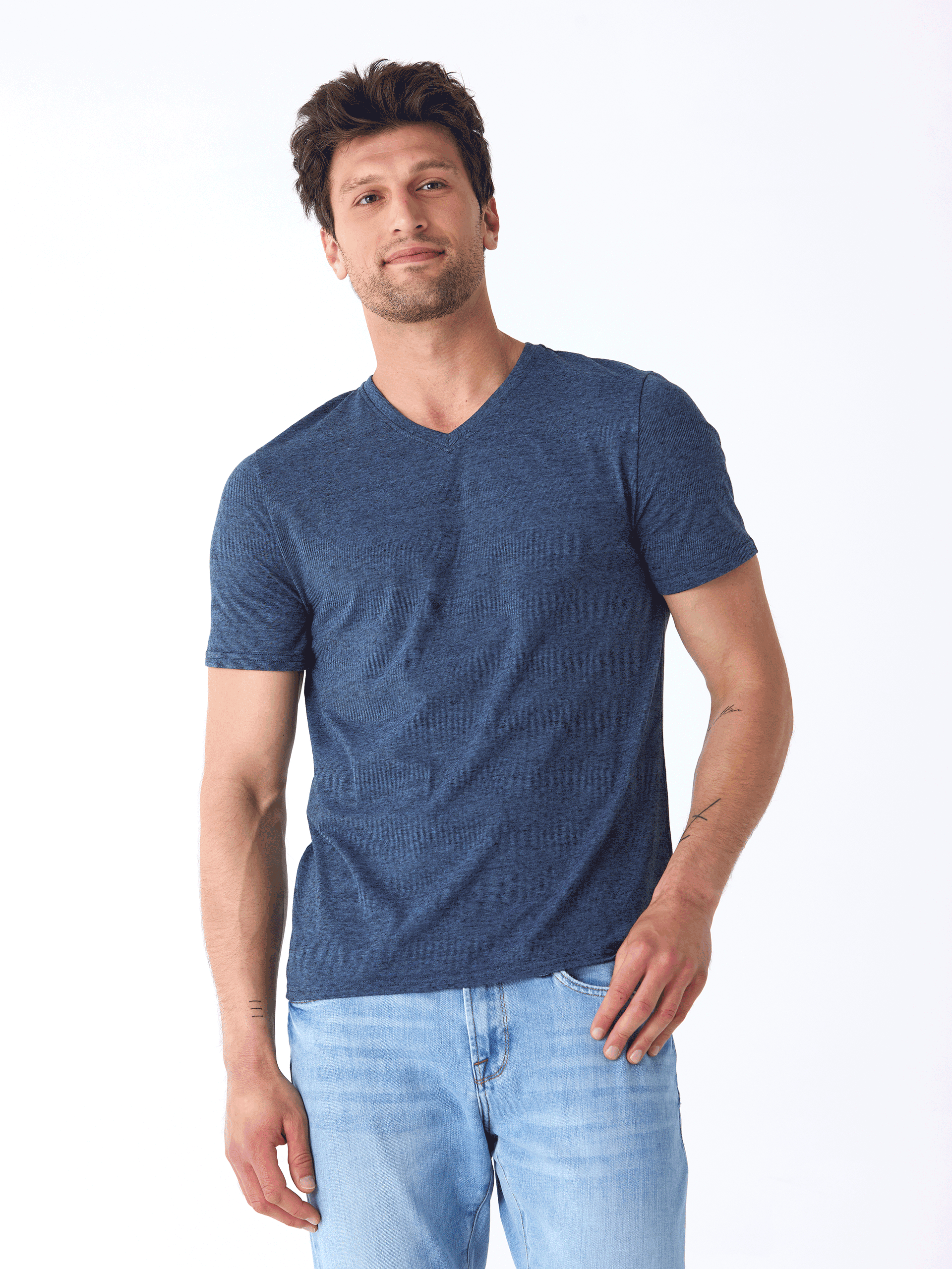 Front view of Black Fleck Triblend V-Neck Tee showcasing the textured fabric and classic neckline