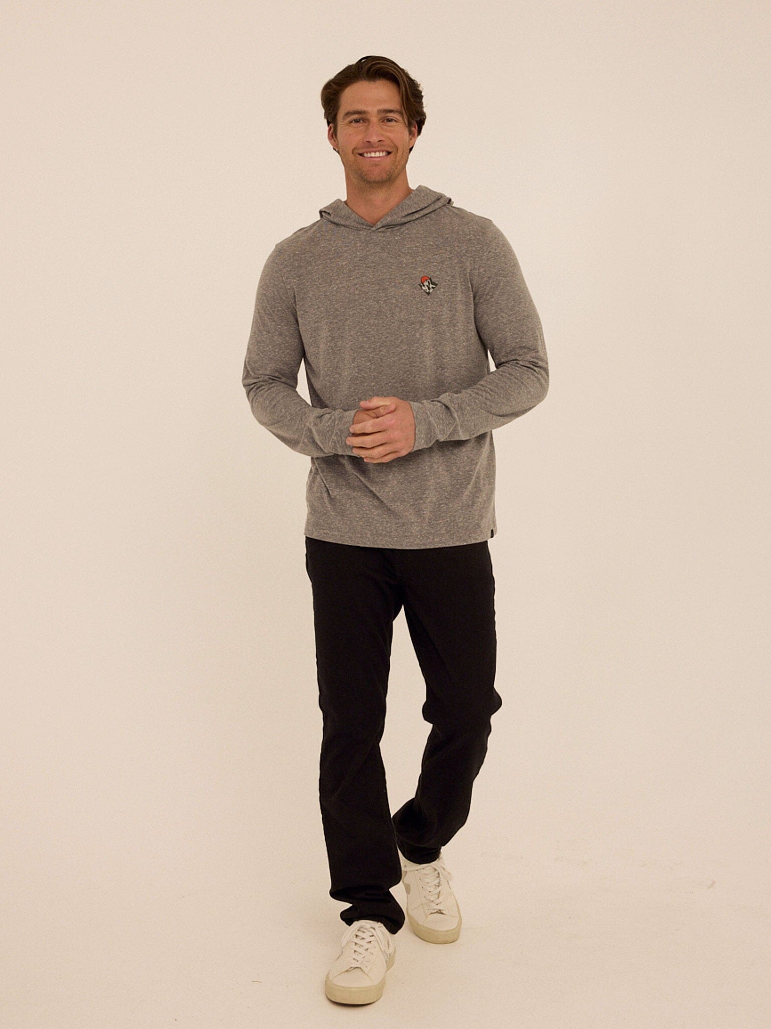 Men's Triblend Embroidery Hoodie Tee in Grey
