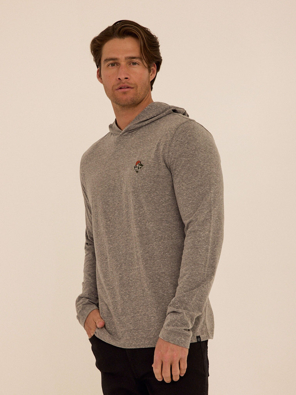 Men's grey long sleeve hoodie tee with embroidery detail, knit fabric.
