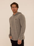 Men's grey long sleeve hoodie tee with embroidery detail, knit fabric.