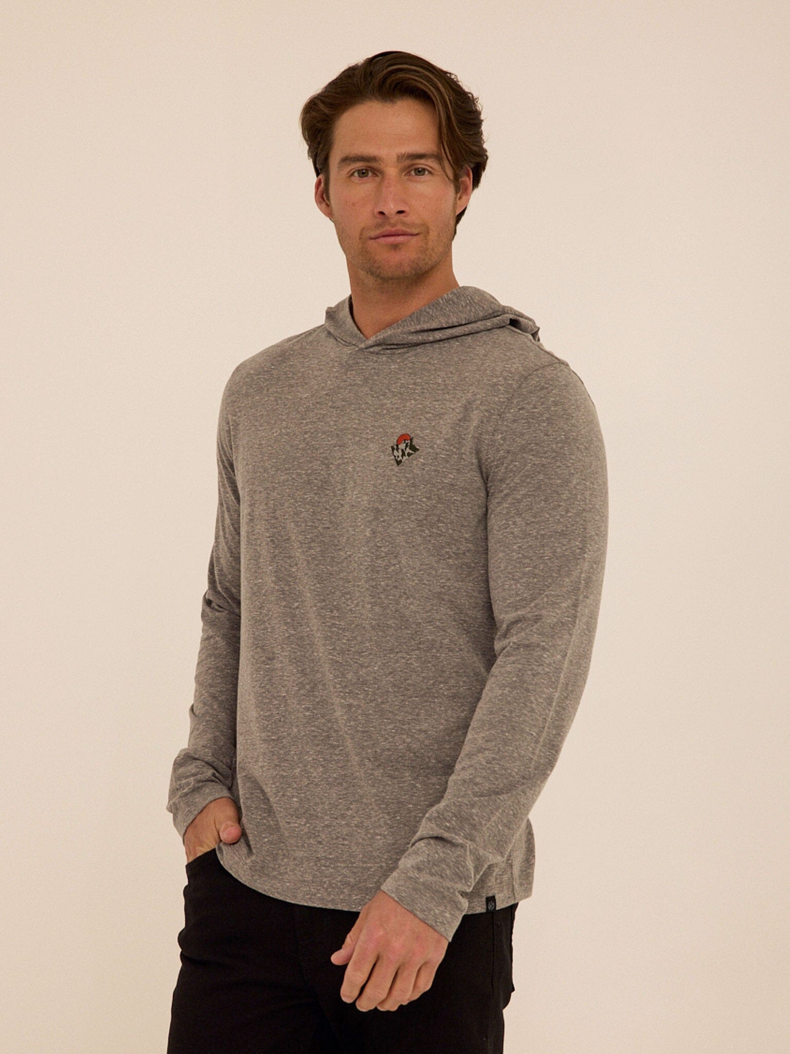 Men's Triblend Embroidery Hoodie Tee in Grey