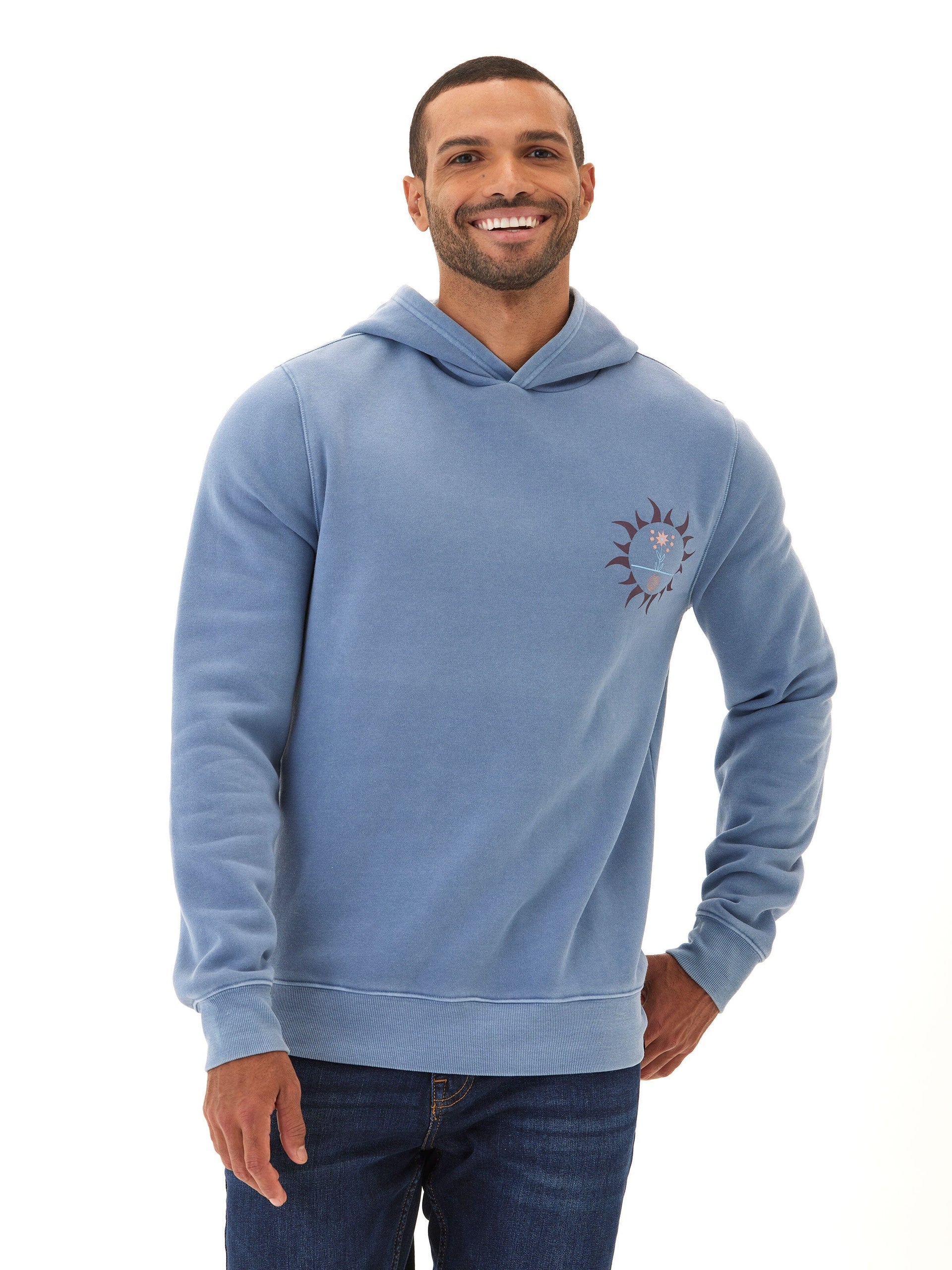 Blue men's mineral wash graphic hoodie with an athletic fit