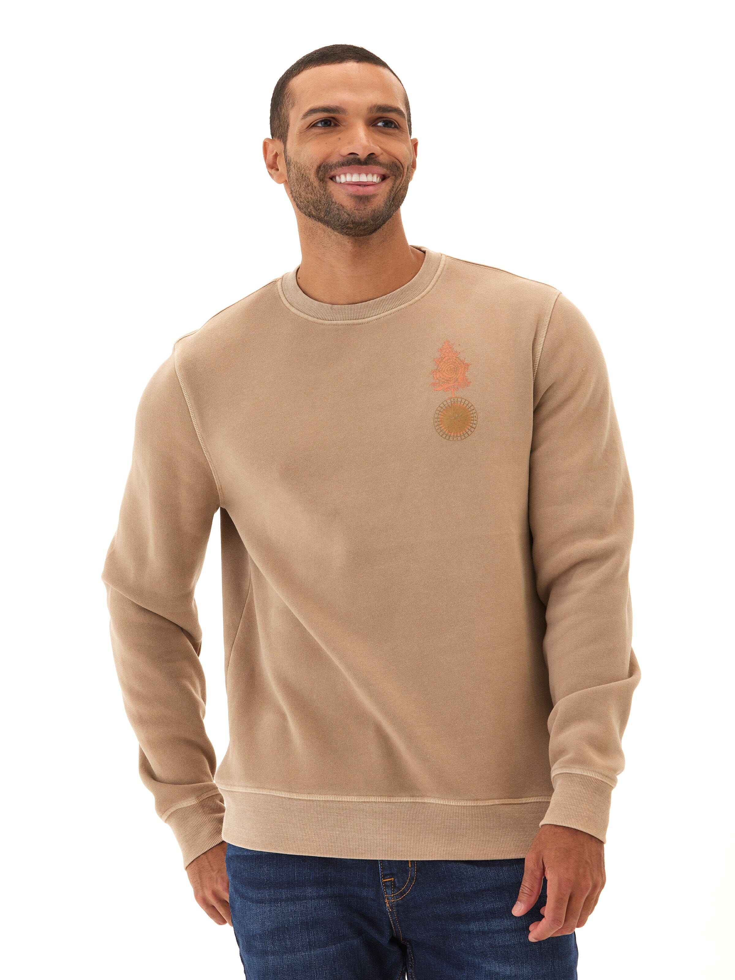 Close up of Mineral Wash Graphic Fleece Crew featuring a unique wash pattern and comfortable crew neck.